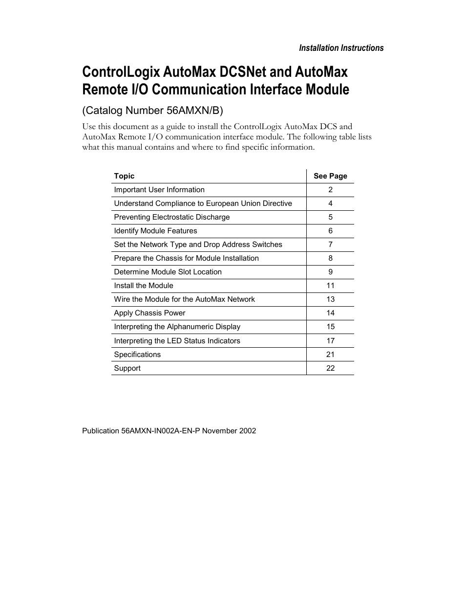 Rockwell Automation 56AMXN ControlLogix/AutoMax/Communication/Module User Manual | 24 pages