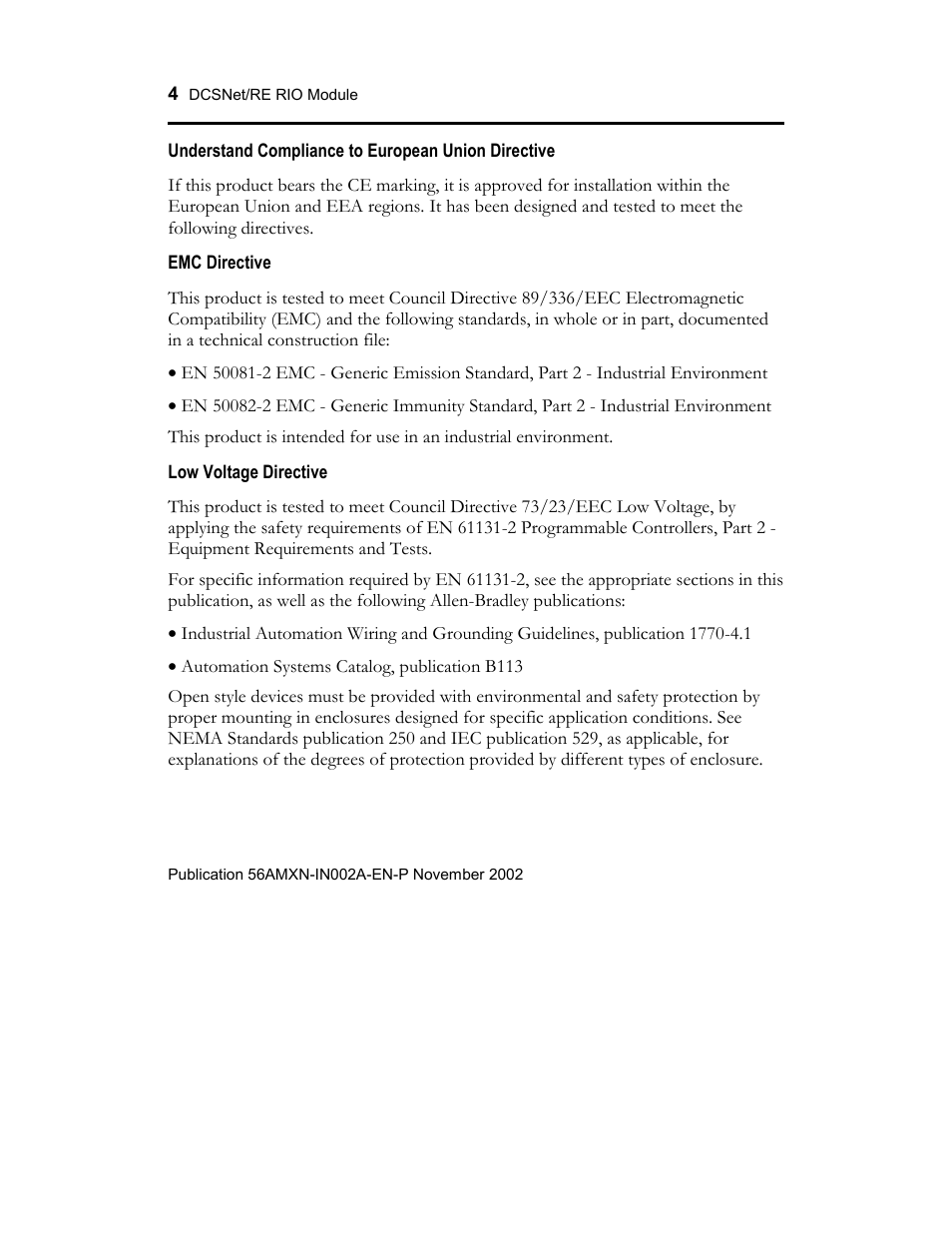 Understand compliance to european union directive, Emc directive, Low voltage directive | Rockwell Automation 56AMXN ControlLogix/AutoMax/Communication/Module User Manual | Page 4 / 24