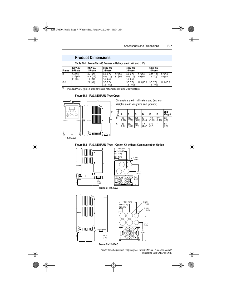 Product dimensions, Appendix b, Accessories and dimensions b-7 | Rockwell Automation 22B PowerFlex 40 FRN 1.xx - 6.xx User Manual | Page 113 / 160