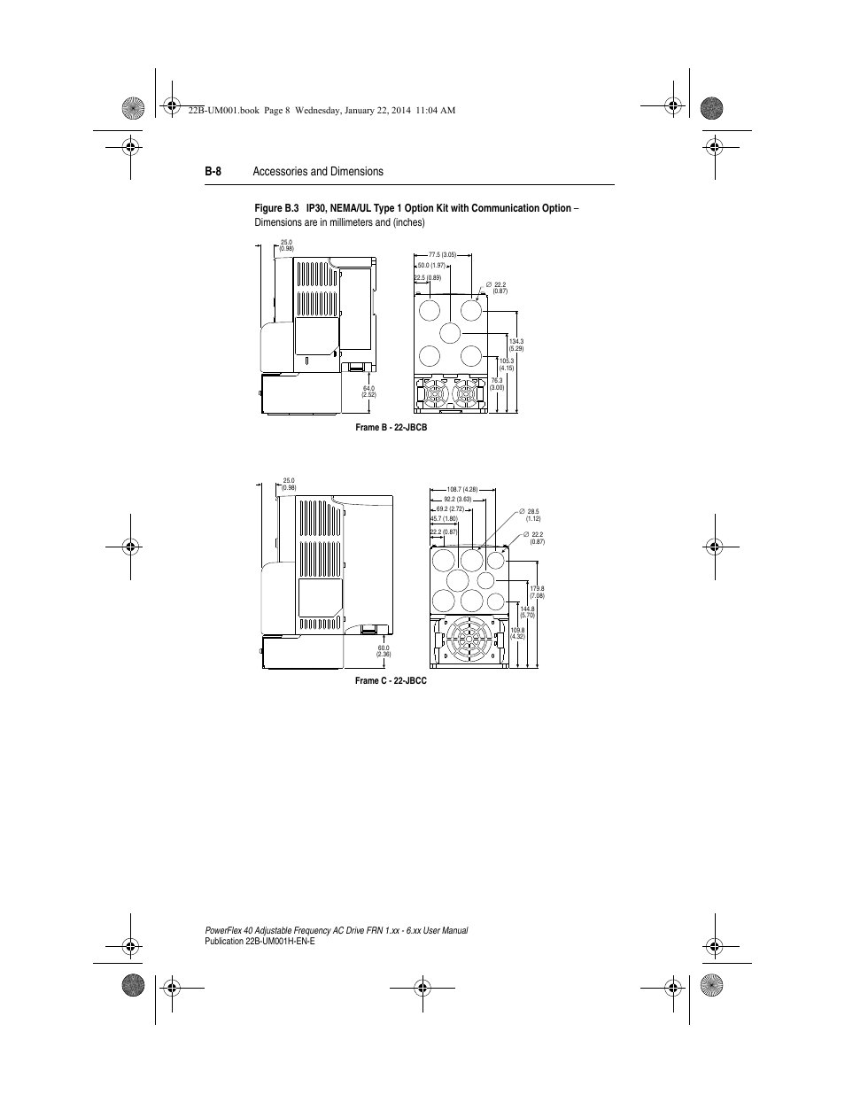 B-8 accessories and dimensions | Rockwell Automation 22B PowerFlex 40 FRN 1.xx - 6.xx User Manual | Page 114 / 160