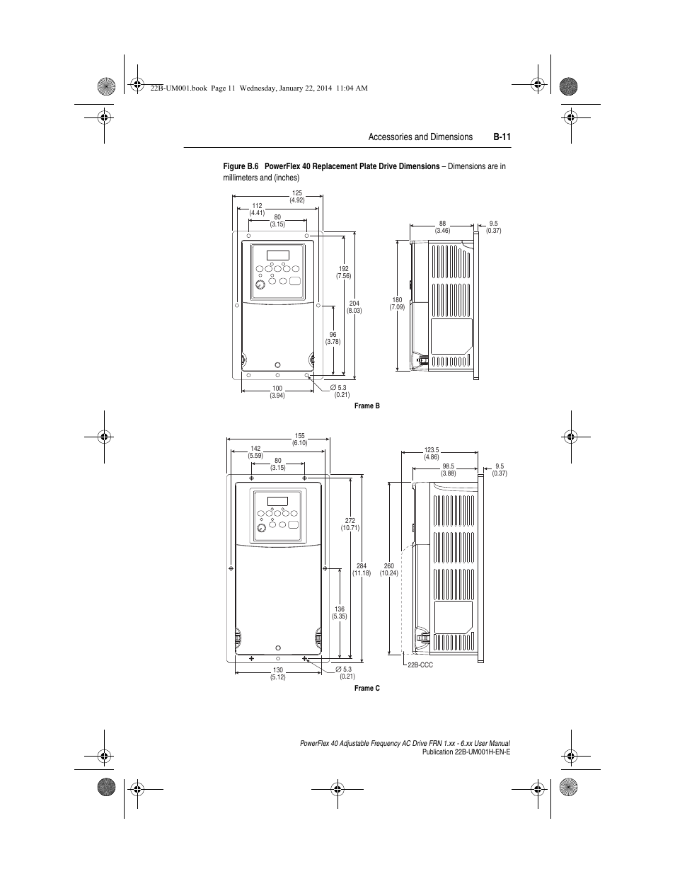 Accessories and dimensions b-11 | Rockwell Automation 22B PowerFlex 40 FRN 1.xx - 6.xx User Manual | Page 117 / 160