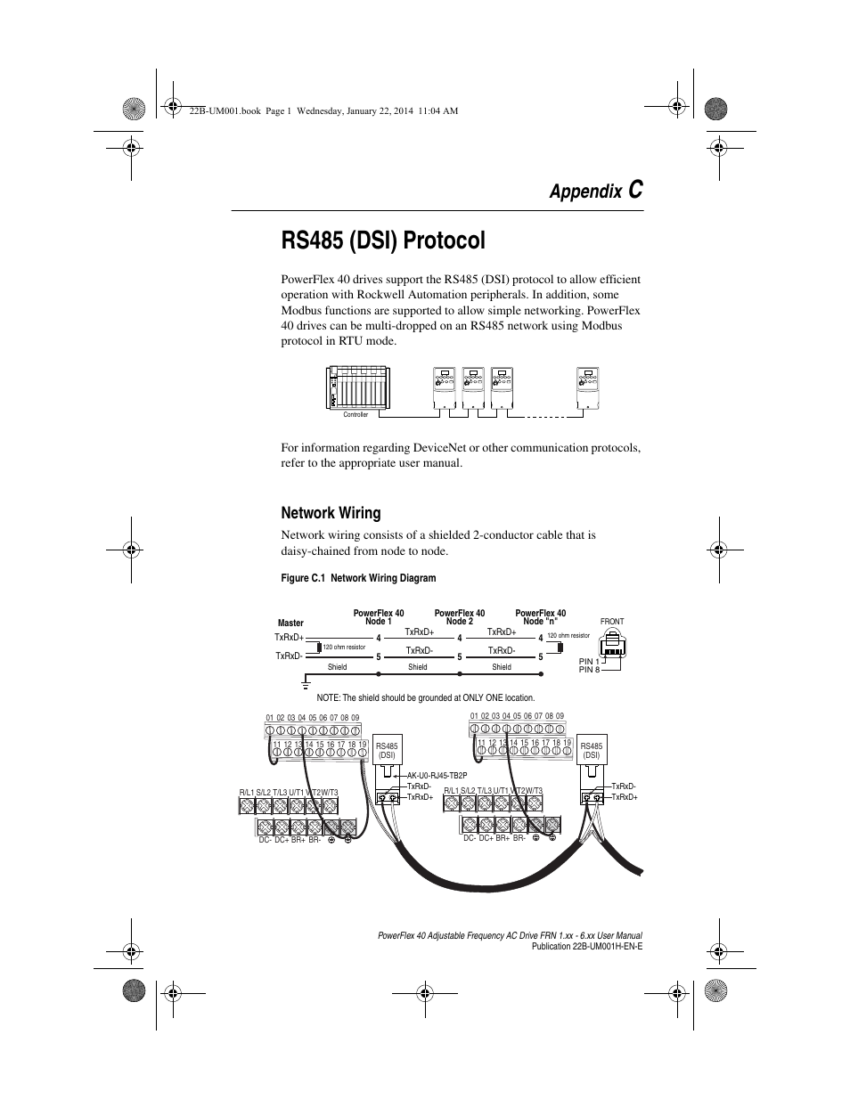 Appendix c, Rs485 (dsi) protocol, Network wiring | R to, Crs485 (dsi) protocol, Appendix | Rockwell Automation 22B PowerFlex 40 FRN 1.xx - 6.xx User Manual | Page 125 / 160