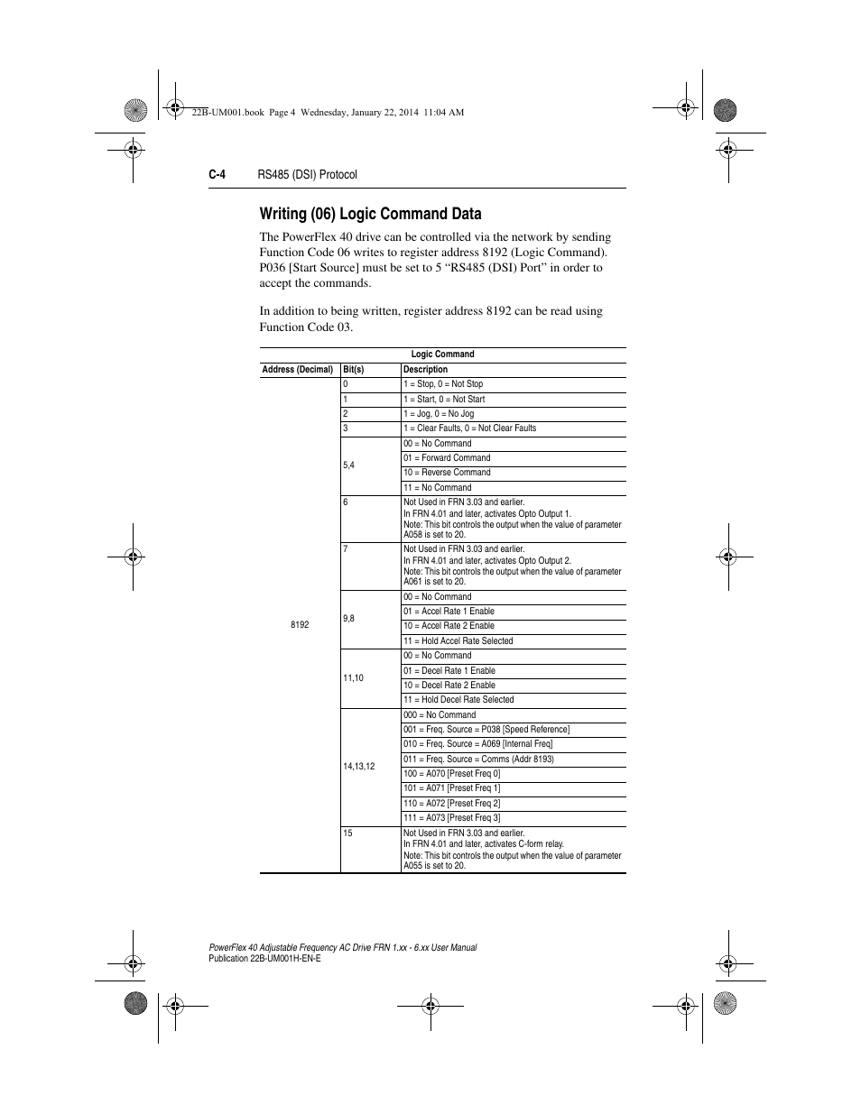 Writing (06) logic command data, Writing (06) logic command data. . . . . . c-4, Writing (06) logic command | C-4 rs485 (dsi) protocol | Rockwell Automation 22B PowerFlex 40 FRN 1.xx - 6.xx User Manual | Page 128 / 160