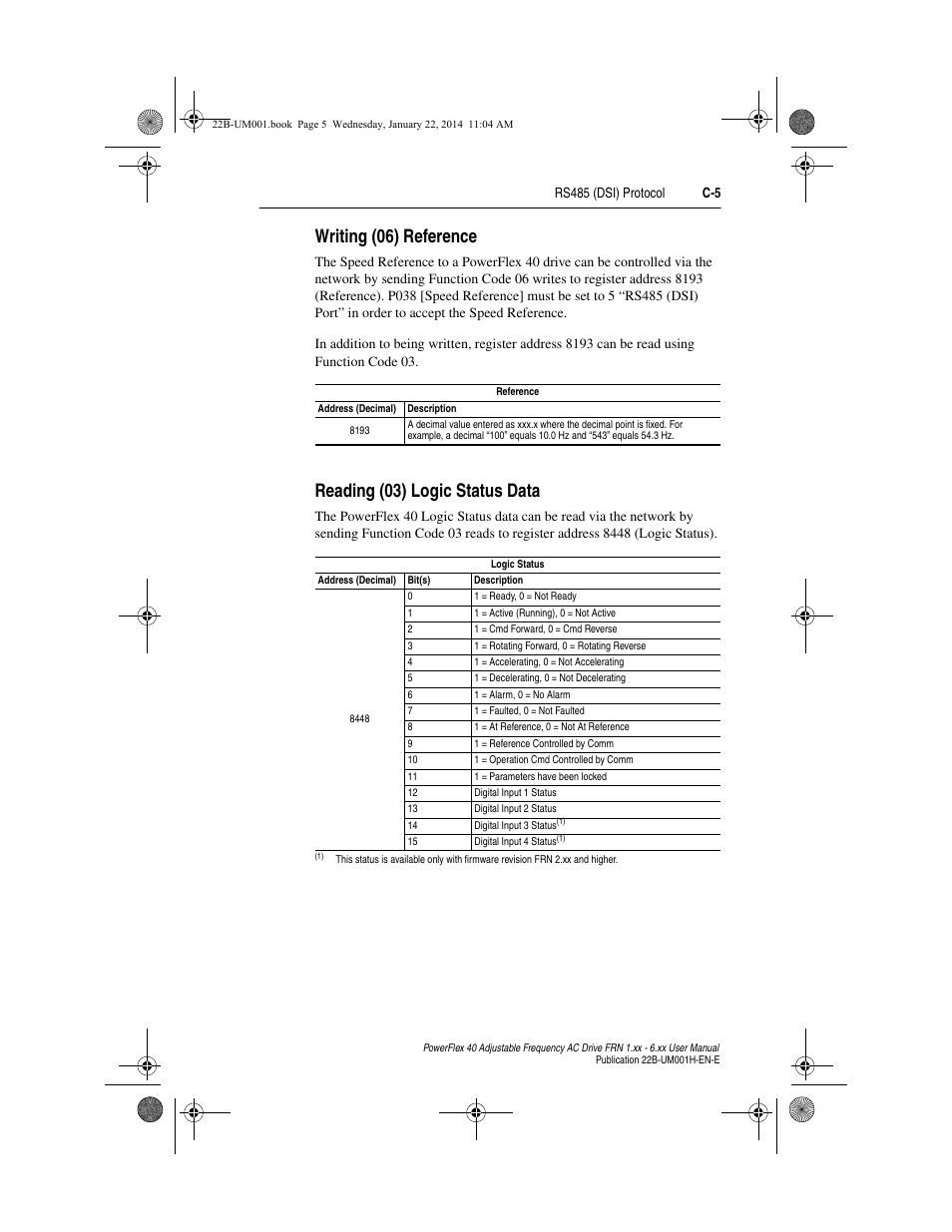 Writing (06) reference, Reading (03) logic status data, Rs485 (dsi) protocol c-5 | Rockwell Automation 22B PowerFlex 40 FRN 1.xx - 6.xx User Manual | Page 129 / 160
