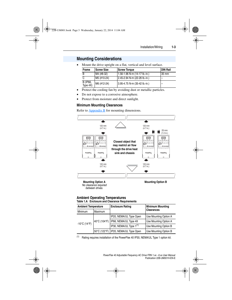 Mounting considerations, Minimum mounting clearances, Ambient operating temperatures | Mounting considerations -3 | Rockwell Automation 22B PowerFlex 40 FRN 1.xx - 6.xx User Manual | Page 13 / 160