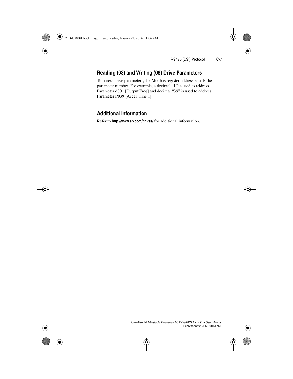 Reading (03) and writing (06) drive parameters, Additional information, Reading (03) and writing (06) drive | Rockwell Automation 22B PowerFlex 40 FRN 1.xx - 6.xx User Manual | Page 131 / 160