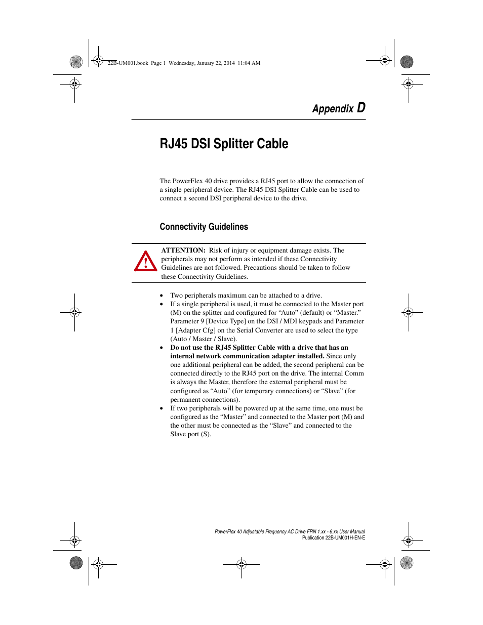 Appendix d, Rj45 dsi splitter cable, Connectivity guidelines | Drj45 dsi splitter cable, Appendix | Rockwell Automation 22B PowerFlex 40 FRN 1.xx - 6.xx User Manual | Page 133 / 160