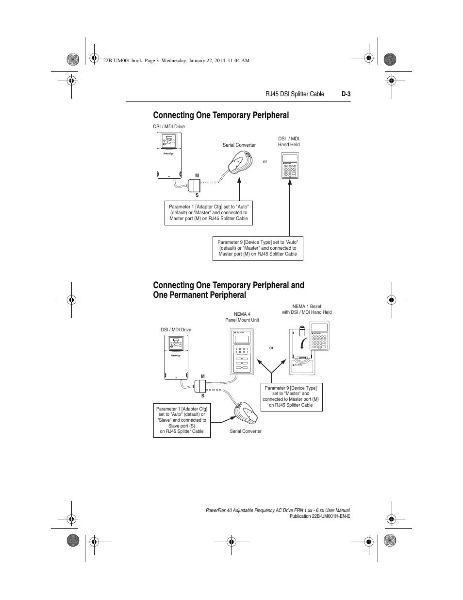 Connecting one temporary peripheral, One permanent peripheral . . . . . . . . . . . d-3 | Rockwell Automation 22B PowerFlex 40 FRN 1.xx - 6.xx User Manual | Page 135 / 160