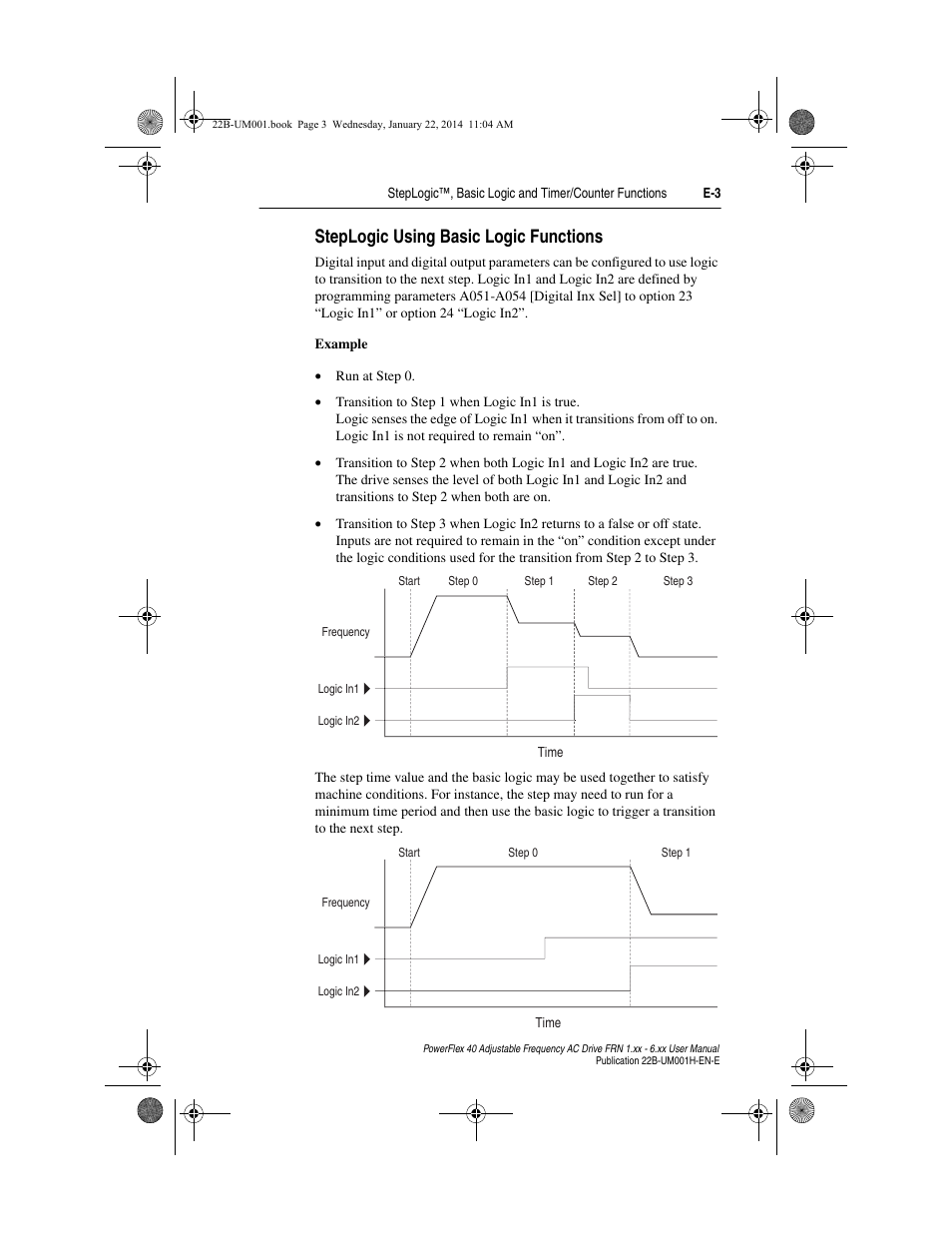 Steplogic using basic logic functions, Steplogic using basic logic functions . . e-3 | Rockwell Automation 22B PowerFlex 40 FRN 1.xx - 6.xx User Manual | Page 139 / 160