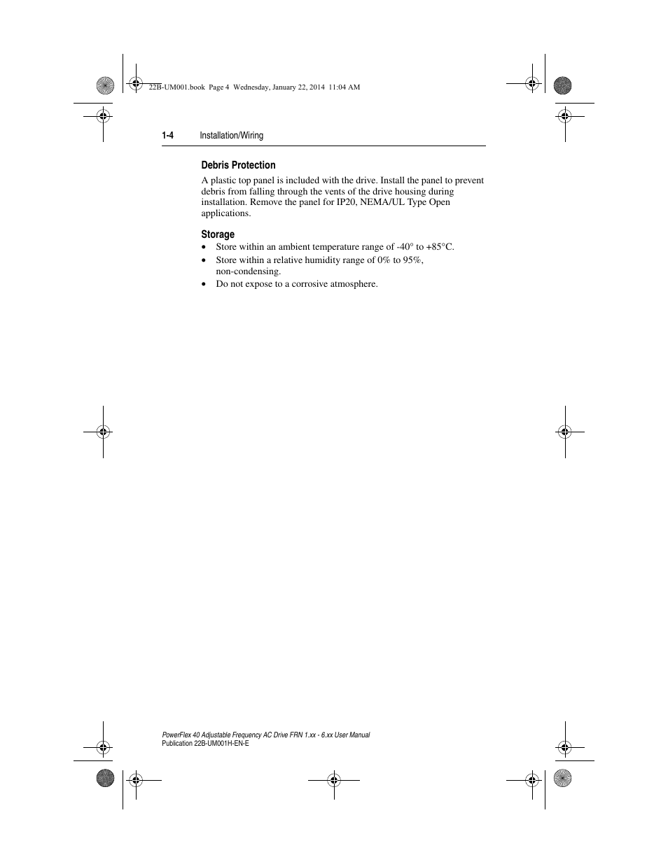 Debris protection, Storage | Rockwell Automation 22B PowerFlex 40 FRN 1.xx - 6.xx User Manual | Page 14 / 160