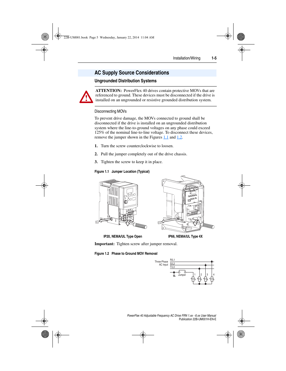 Ac supply source considerations, Ungrounded distribution systems, Ac supply source considerations -5 | Ac supply source considerations 1-5 | Rockwell Automation 22B PowerFlex 40 FRN 1.xx - 6.xx User Manual | Page 15 / 160