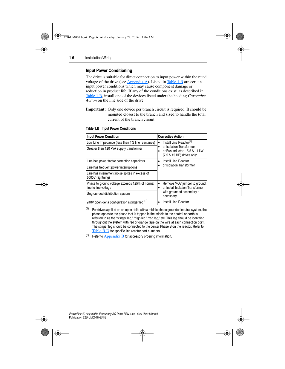 Input power conditioning | Rockwell Automation 22B PowerFlex 40 FRN 1.xx - 6.xx User Manual | Page 16 / 160
