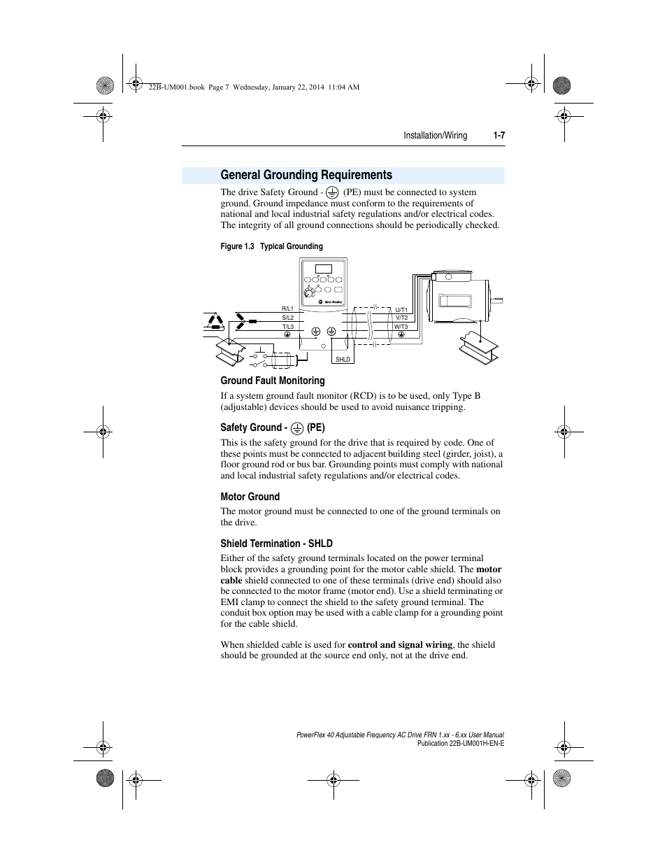 General grounding requirements, Ground fault monitoring, Safety ground -(pe) | Motor ground, Shield termination - shld, General grounding requirements -7, General grounding requirements 1-7 | Rockwell Automation 22B PowerFlex 40 FRN 1.xx - 6.xx User Manual | Page 17 / 160