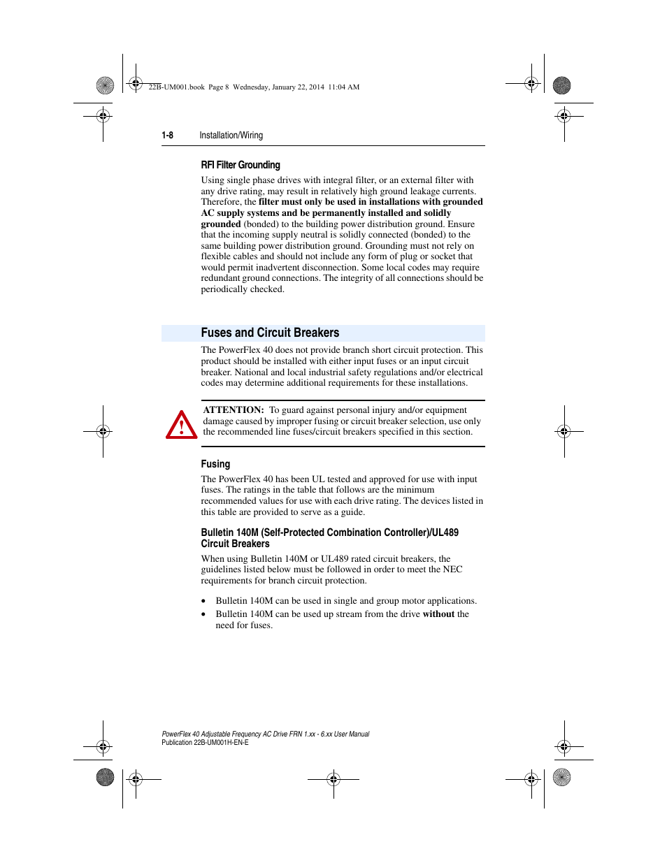 Rfi filter grounding, Fuses and circuit breakers, Fusing | Fuses and circuit breakers -8, Fuses and circuit breakers 1-8 | Rockwell Automation 22B PowerFlex 40 FRN 1.xx - 6.xx User Manual | Page 18 / 160