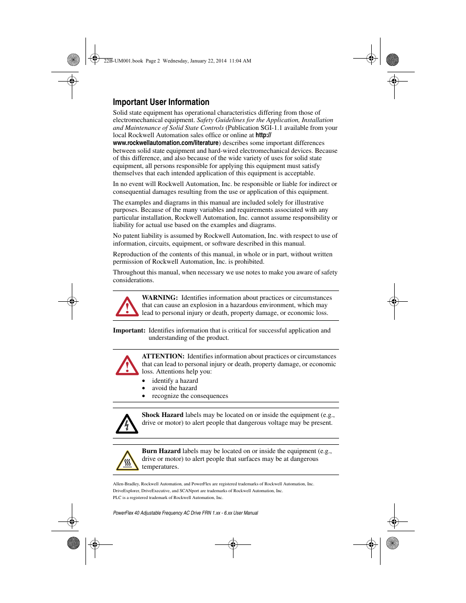 Important user information | Rockwell Automation 22B PowerFlex 40 FRN 1.xx - 6.xx User Manual | Page 2 / 160