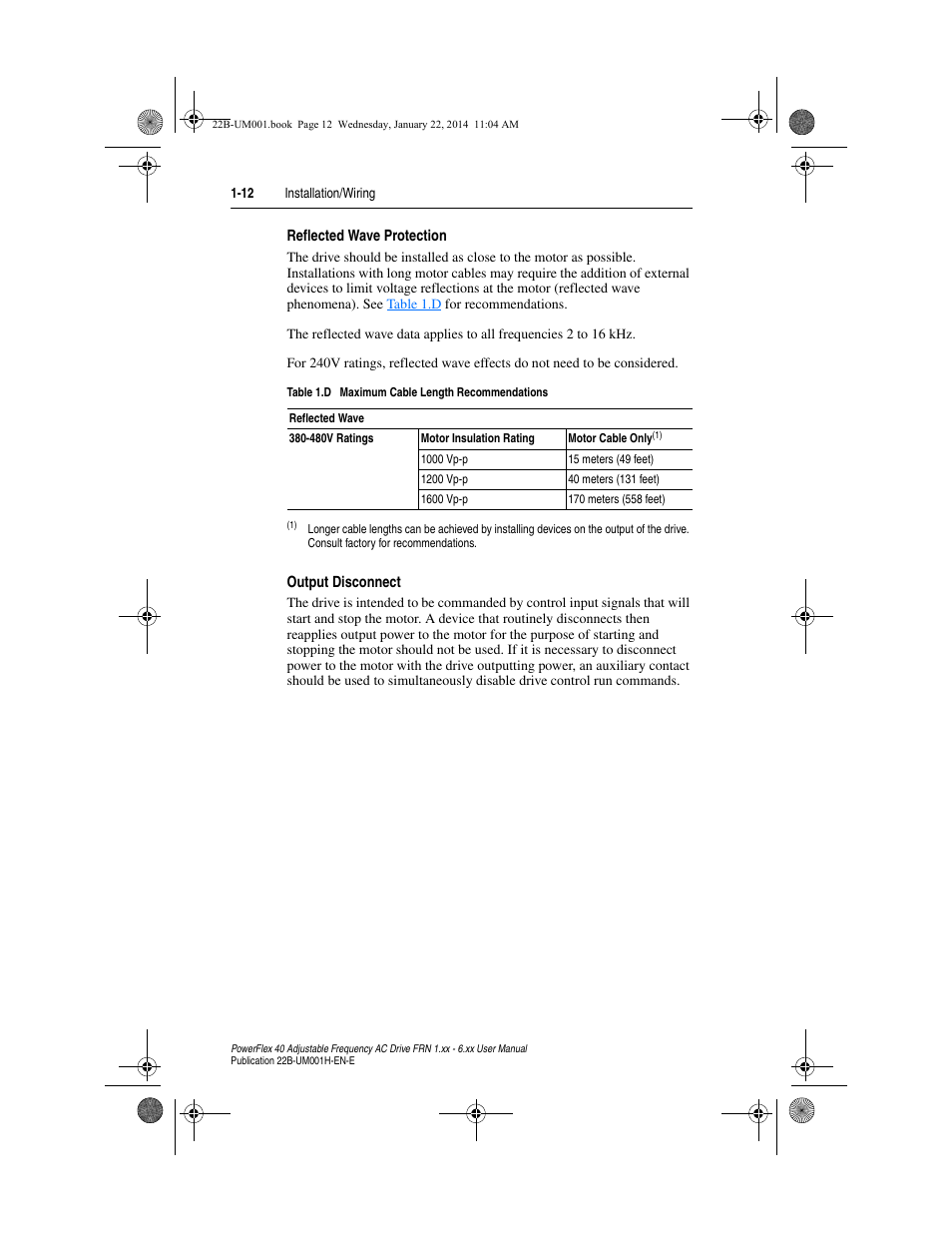 Reflected wave protection, Output disconnect | Rockwell Automation 22B PowerFlex 40 FRN 1.xx - 6.xx User Manual | Page 22 / 160
