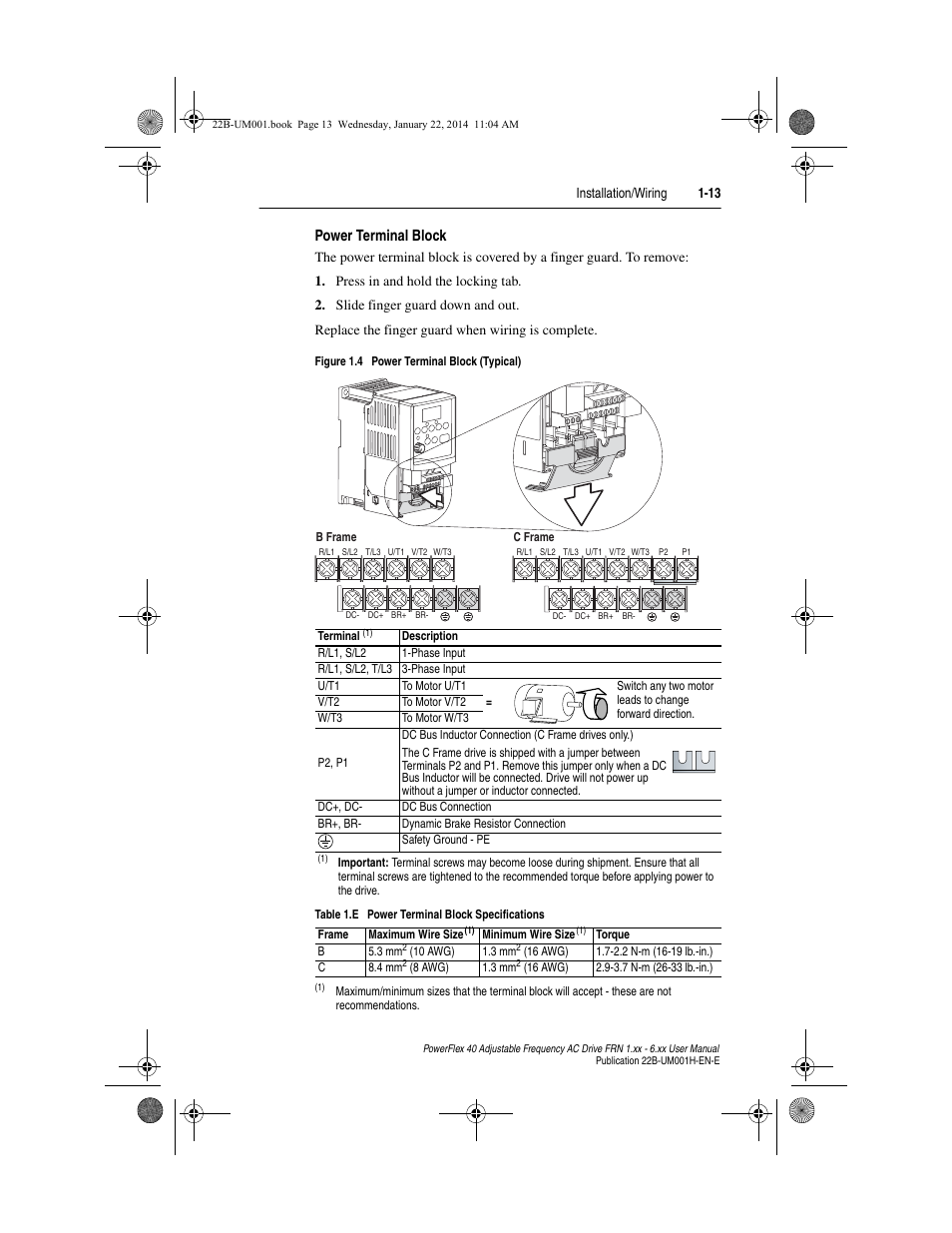 Power terminal block | Rockwell Automation 22B PowerFlex 40 FRN 1.xx - 6.xx User Manual | Page 23 / 160