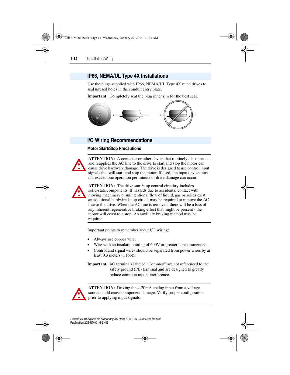 Ip66, nema/ul type 4x installations, I/o wiring recommendations, Motor start/stop precautions | Rockwell Automation 22B PowerFlex 40 FRN 1.xx - 6.xx User Manual | Page 24 / 160
