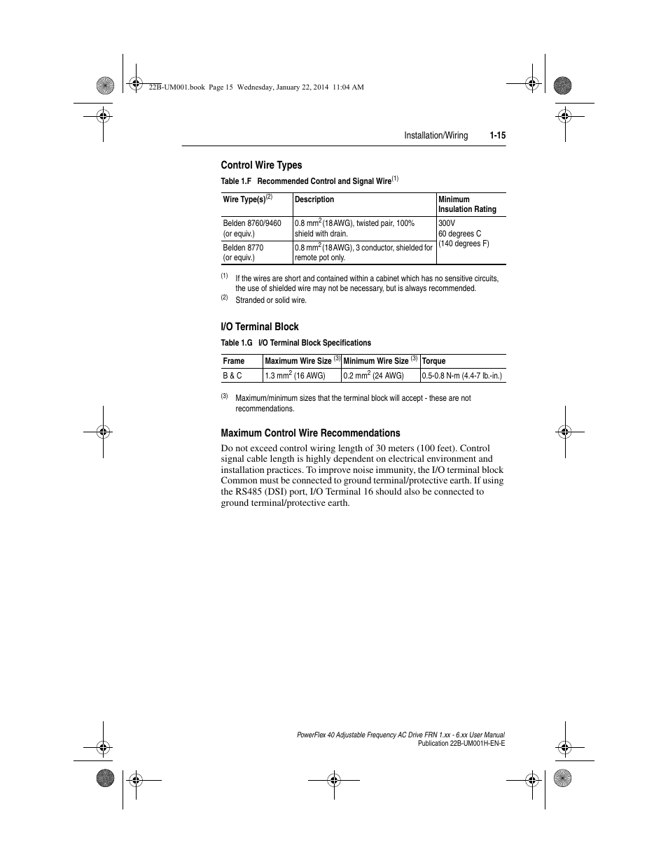 Control wire types, I/o terminal block, Maximum control wire recommendations | Rockwell Automation 22B PowerFlex 40 FRN 1.xx - 6.xx User Manual | Page 25 / 160