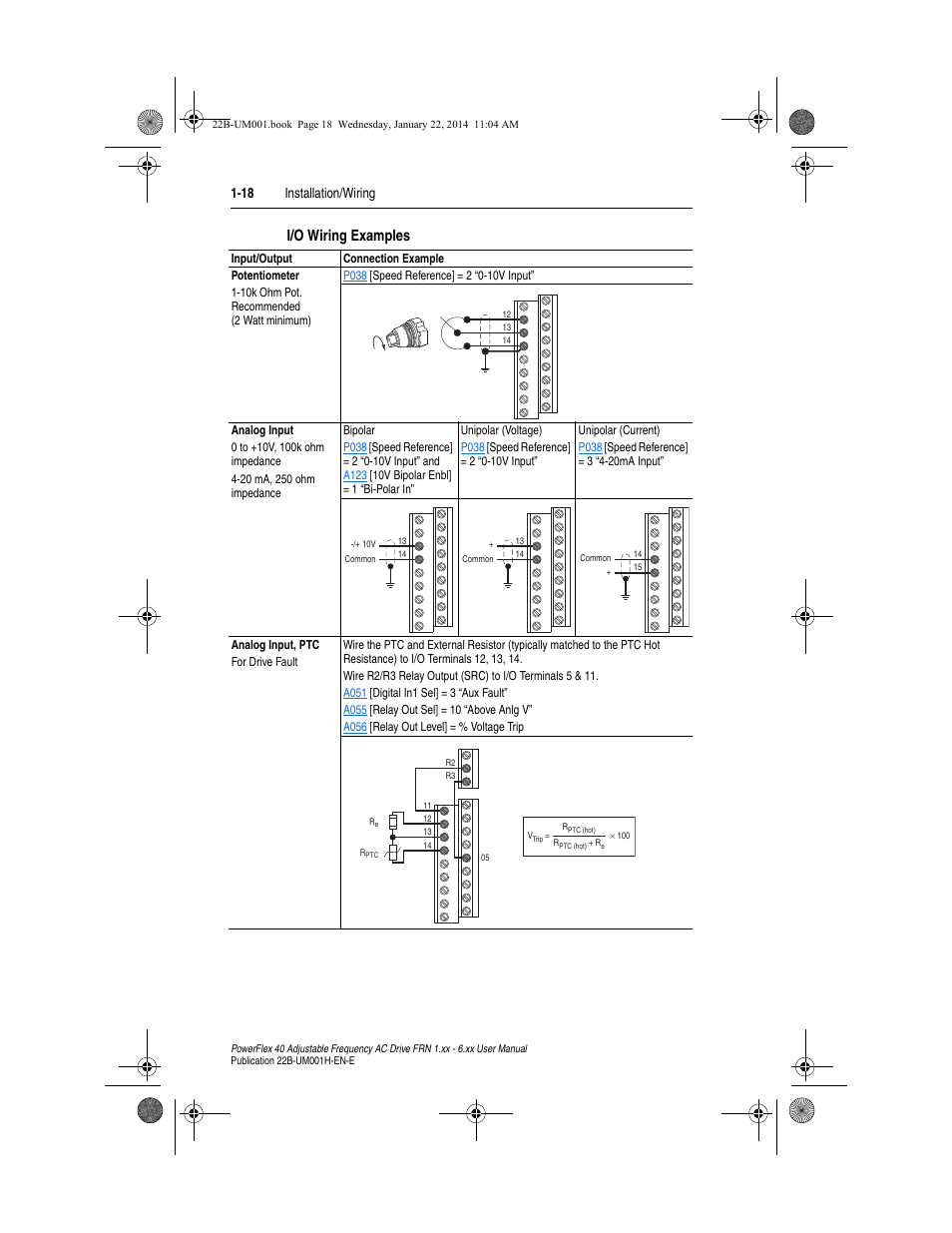 I/o wiring examples, 18 installation/wiring | Rockwell Automation 22B PowerFlex 40 FRN 1.xx - 6.xx User Manual | Page 28 / 160