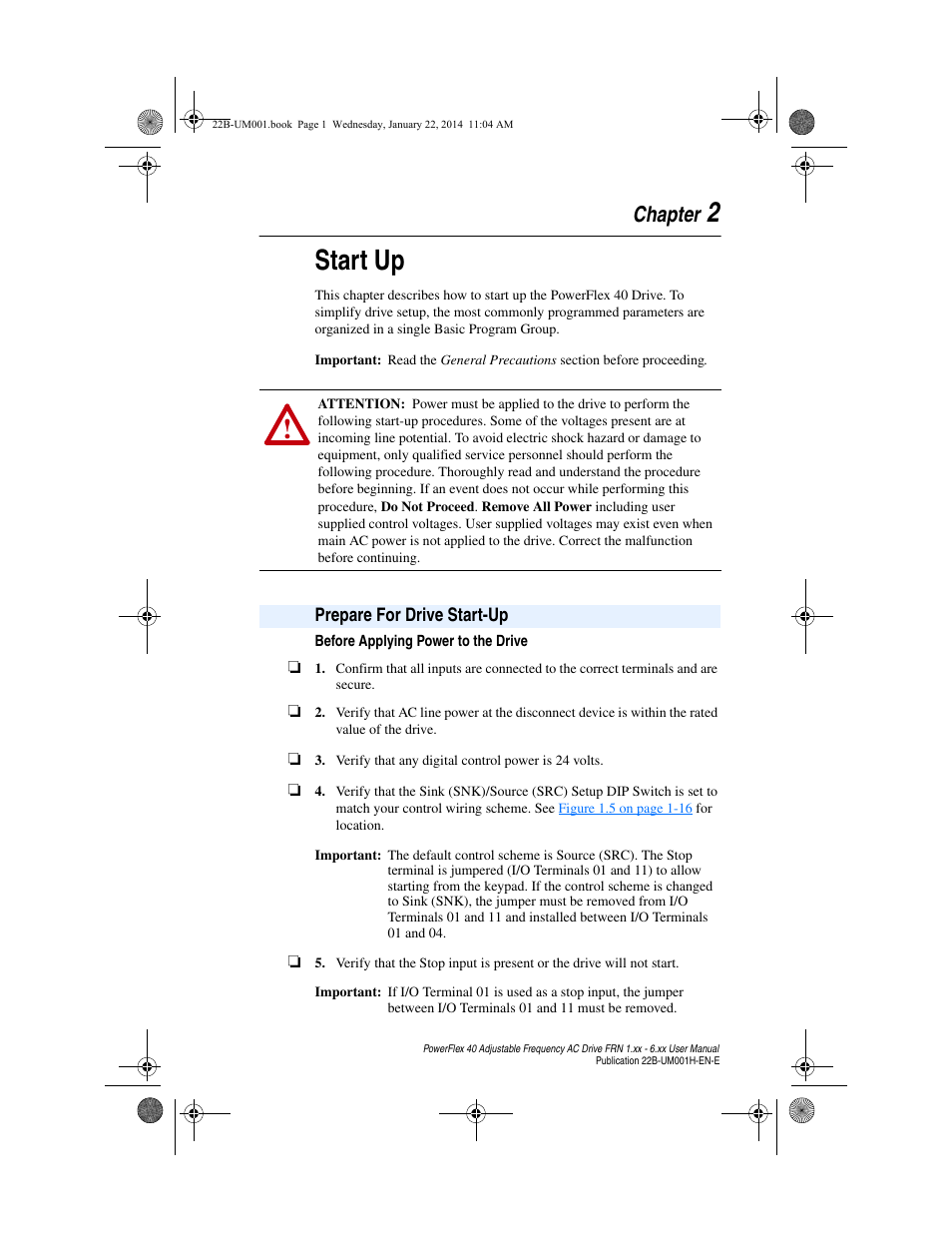 Chapter 2, Start up, Prepare for drive start-up | Before applying power to the drive, Prepare for drive start-up -1, 2start up, Chapter | Rockwell Automation 22B PowerFlex 40 FRN 1.xx - 6.xx User Manual | Page 39 / 160