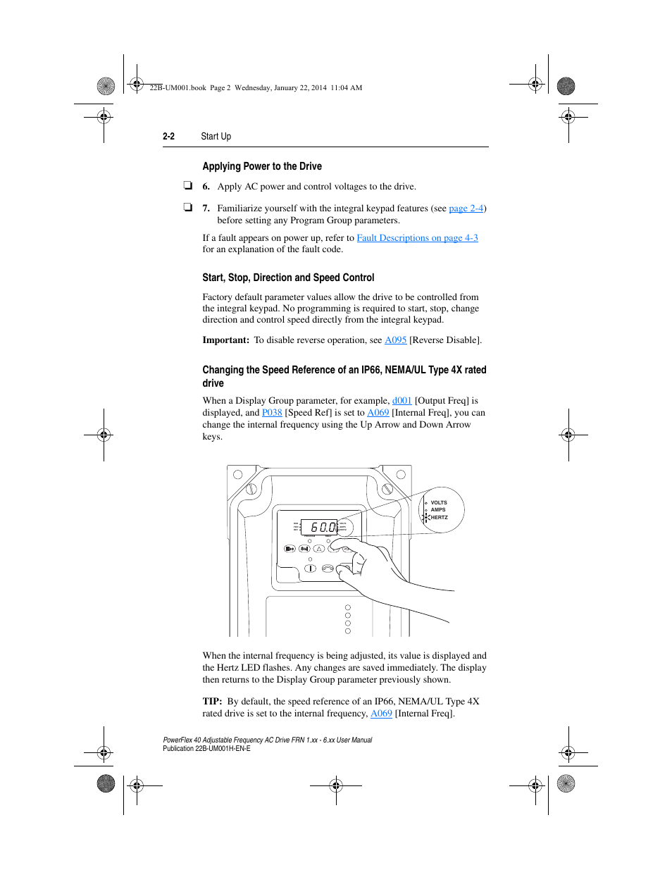 Applying power to the drive, Start, stop, direction and speed control | Rockwell Automation 22B PowerFlex 40 FRN 1.xx - 6.xx User Manual | Page 40 / 160