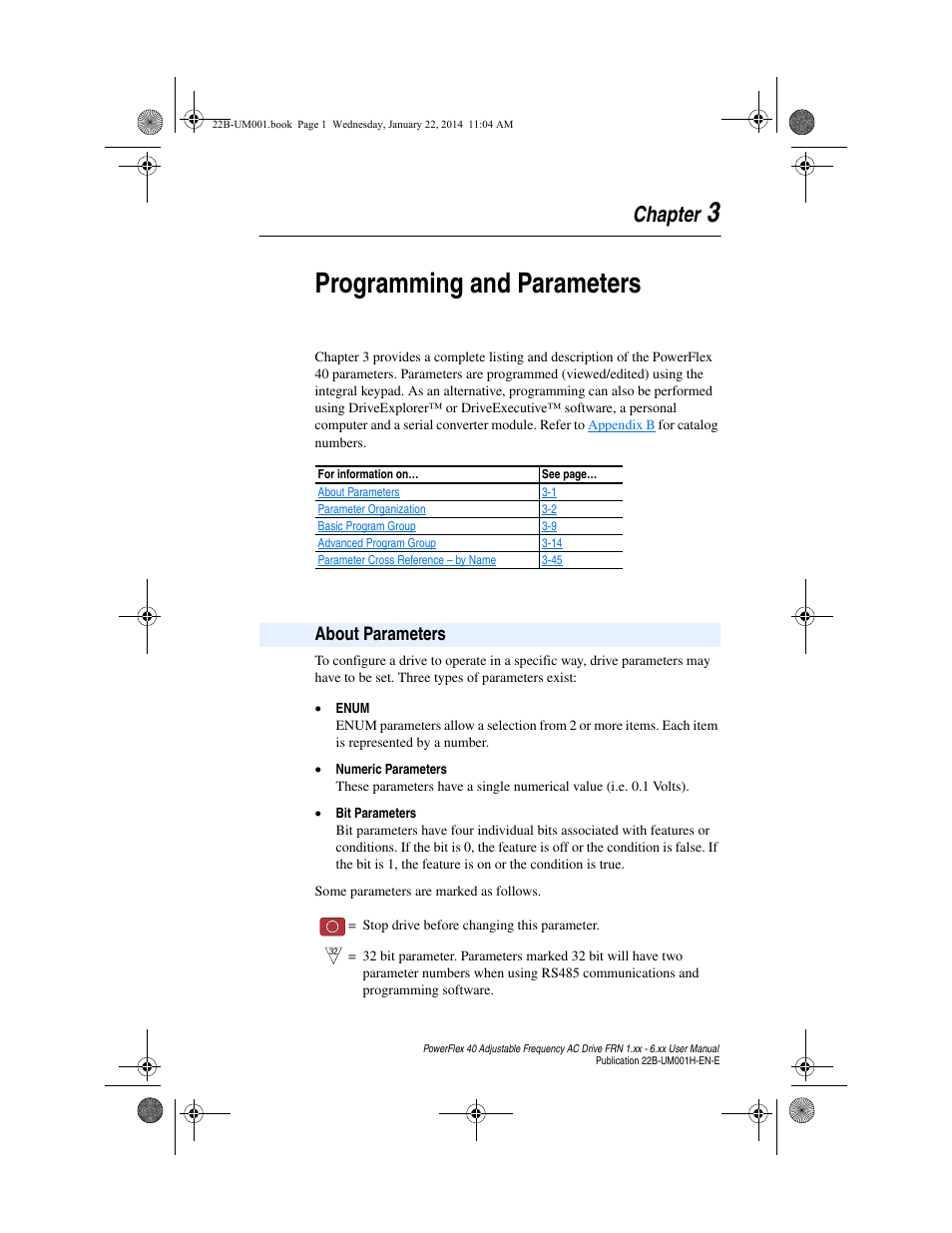 Chapter 3, Programming and parameters, About parameters | About parameters -1, 3programming and parameters, Chapter, About p arameters | Rockwell Automation 22B PowerFlex 40 FRN 1.xx - 6.xx User Manual | Page 47 / 160