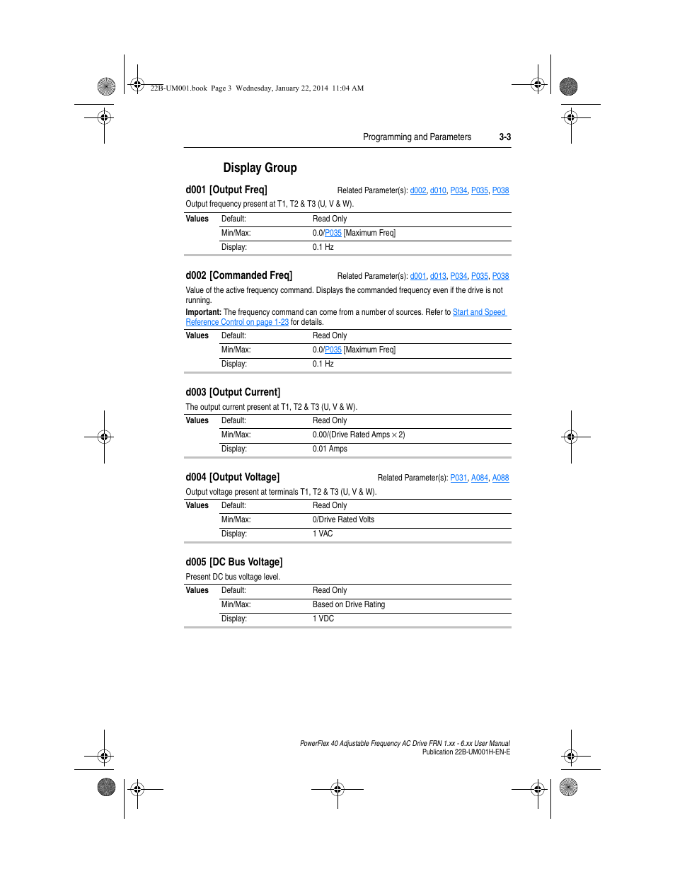 Display group, Display group -3, Xample | D001 | Rockwell Automation 22B PowerFlex 40 FRN 1.xx - 6.xx User Manual | Page 49 / 160