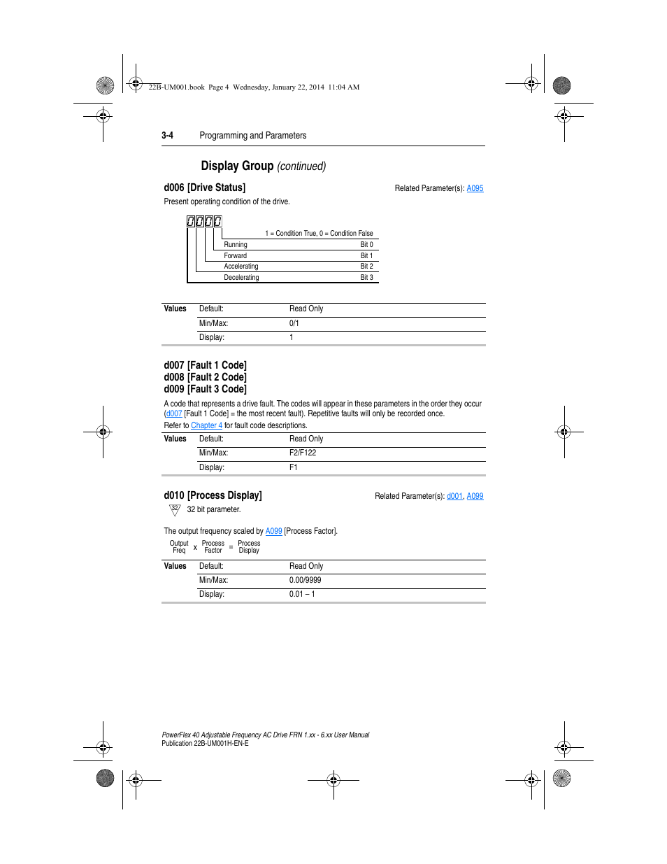 D010, Display group, Continued) | Rockwell Automation 22B PowerFlex 40 FRN 1.xx - 6.xx User Manual | Page 50 / 160