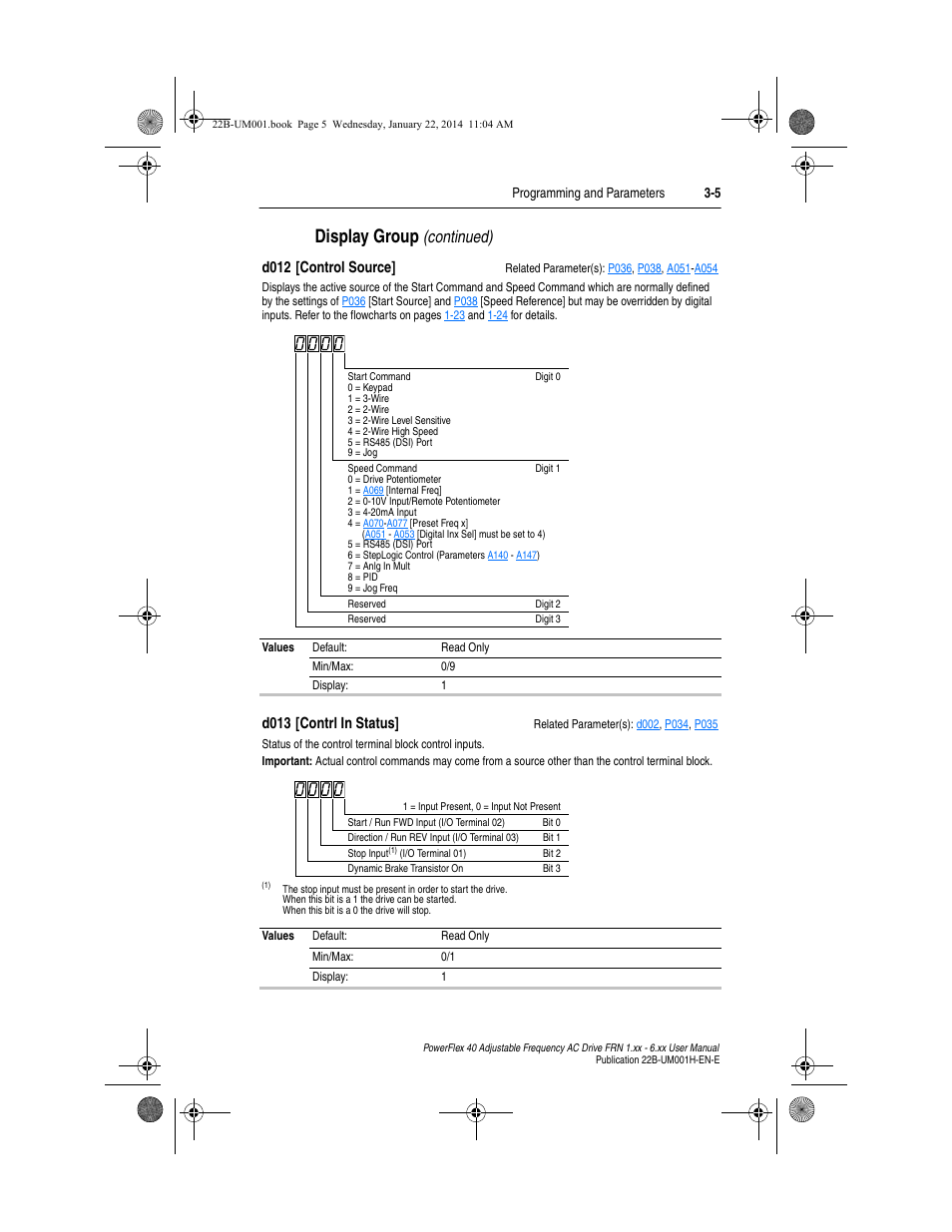 D013, Display group, Continued) | D012 [control source, D013 [contrl in status | Rockwell Automation 22B PowerFlex 40 FRN 1.xx - 6.xx User Manual | Page 51 / 160