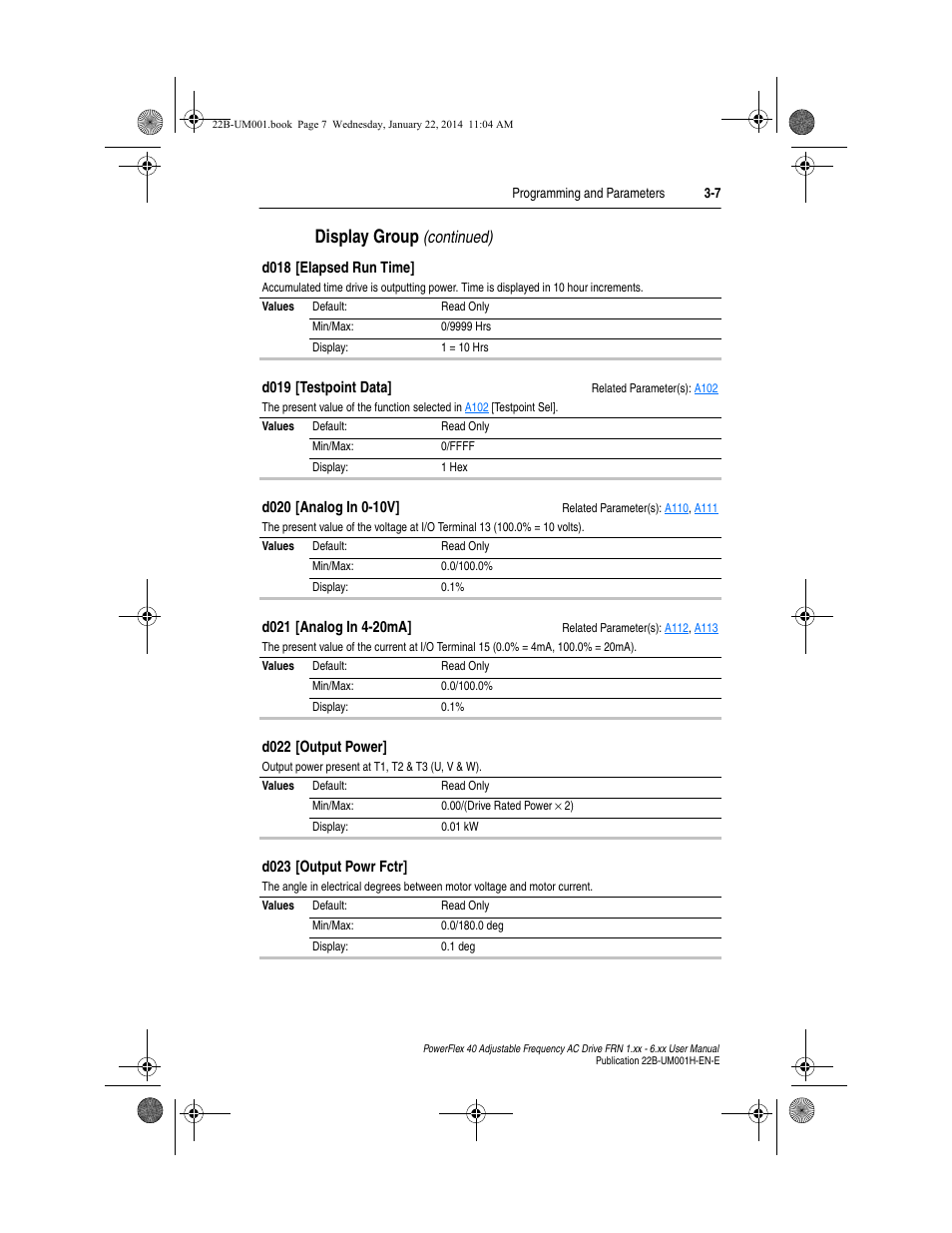 Display group, Continued) | Rockwell Automation 22B PowerFlex 40 FRN 1.xx - 6.xx User Manual | Page 53 / 160