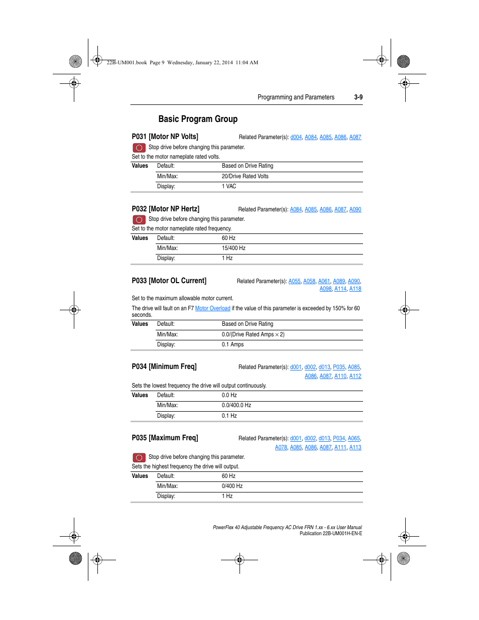 Basic program group, Basic program group -9, P034 | P035, P031 | Rockwell Automation 22B PowerFlex 40 FRN 1.xx - 6.xx User Manual | Page 55 / 160