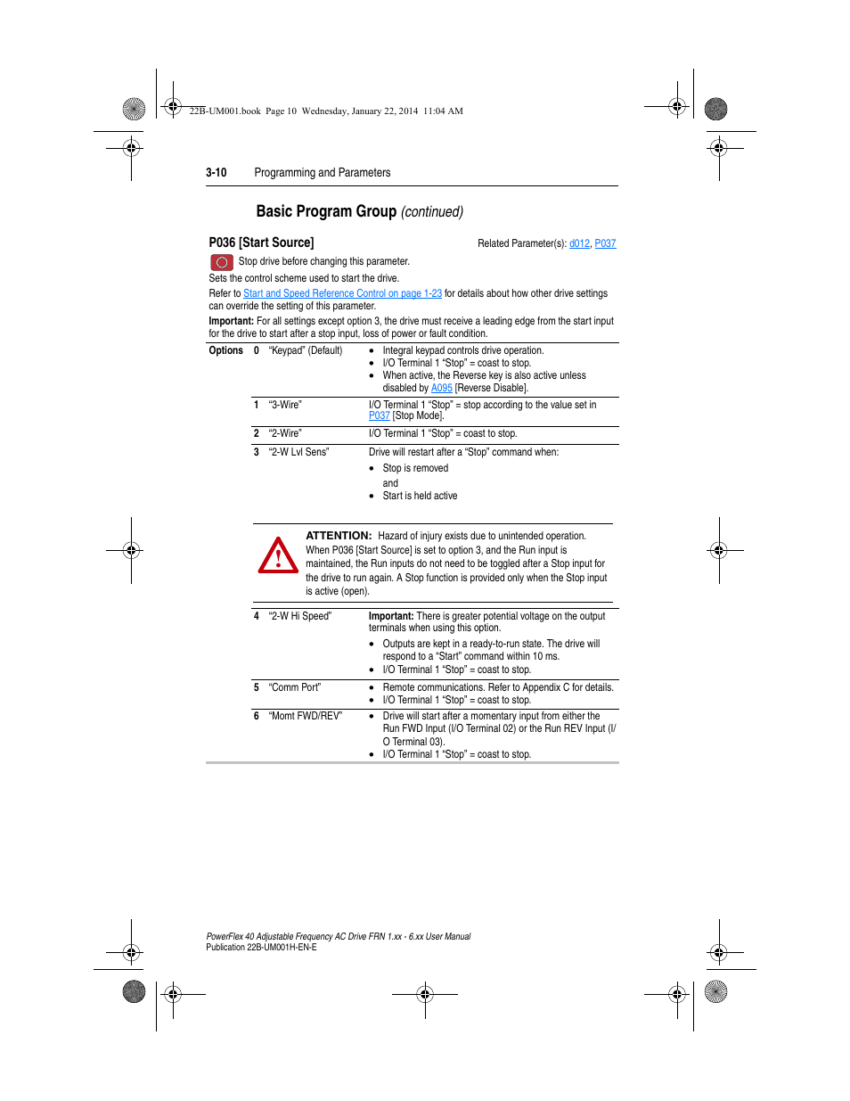 P036, Basic program group, Continued) | Rockwell Automation 22B PowerFlex 40 FRN 1.xx - 6.xx User Manual | Page 56 / 160