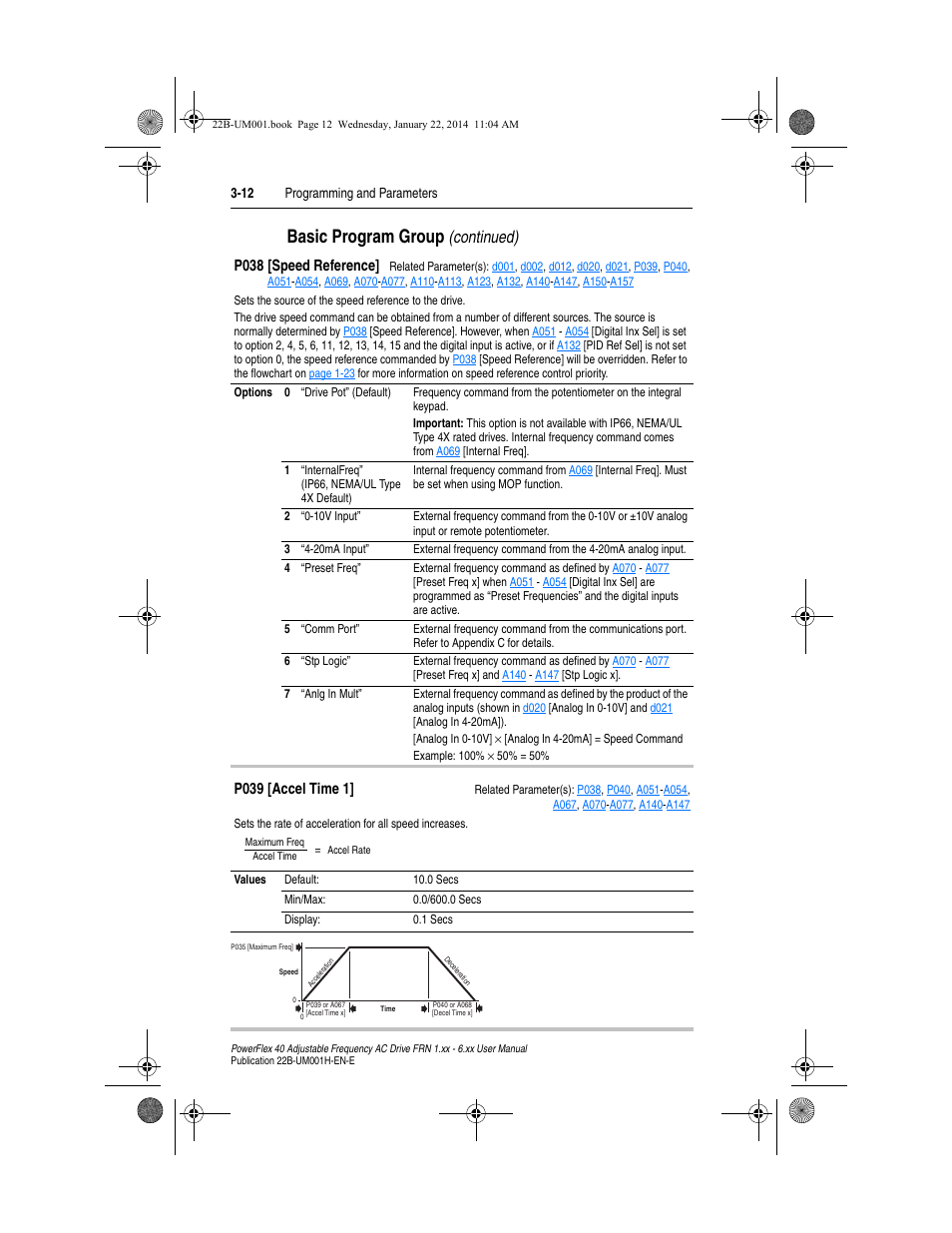 P038, Displayed, and, Spee | When, Basic program group, Continued) | Rockwell Automation 22B PowerFlex 40 FRN 1.xx - 6.xx User Manual | Page 58 / 160