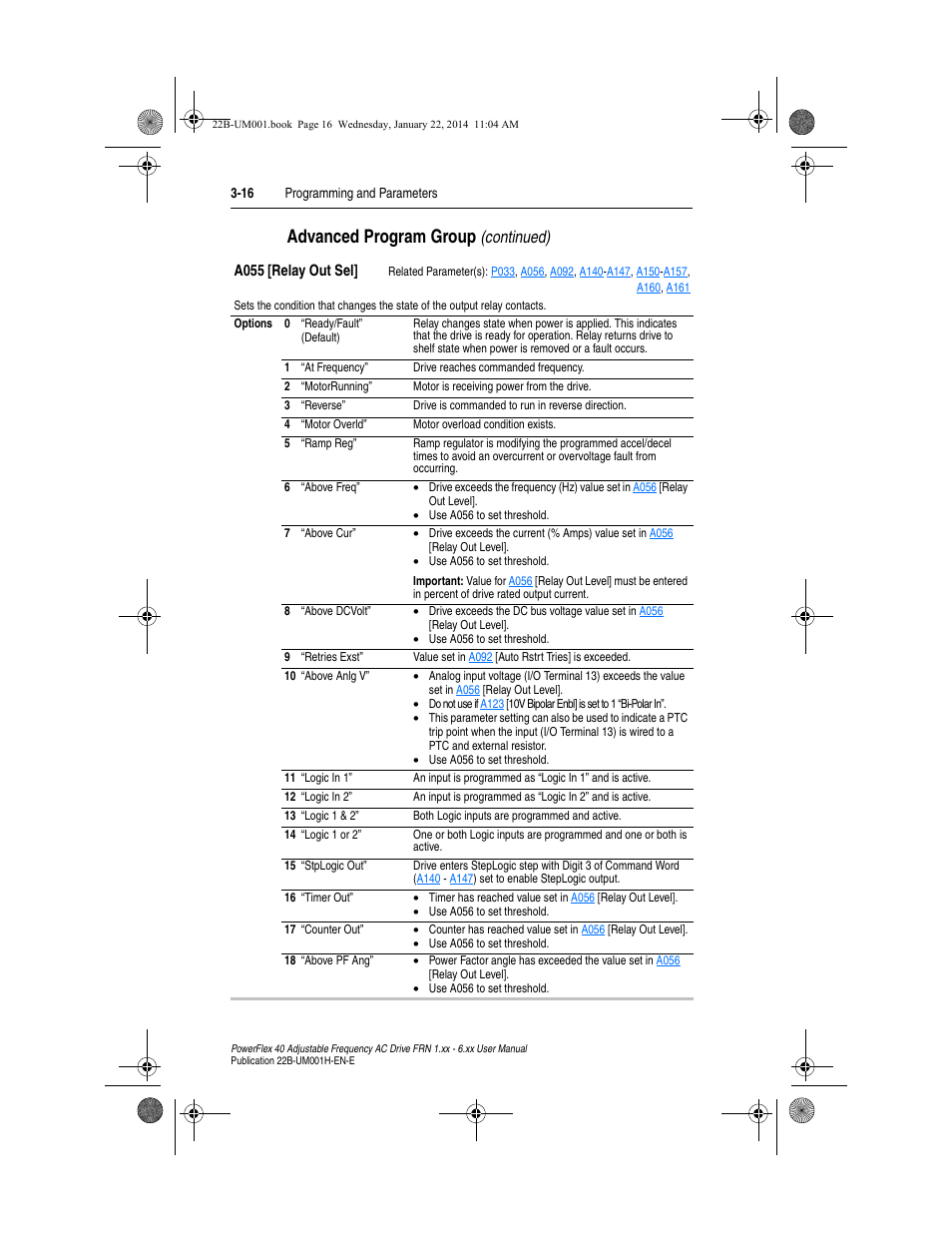 A055, Advanced program group, Continued) | Rockwell Automation 22B PowerFlex 40 FRN 1.xx - 6.xx User Manual | Page 62 / 160