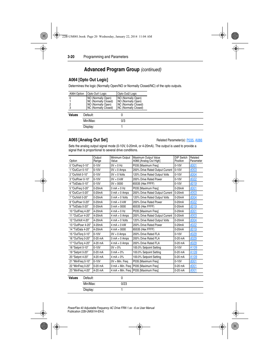 A065, A064, Et in | Advanced program group, Continued), A064 [opto out logic, A065 [analog out sel | Rockwell Automation 22B PowerFlex 40 FRN 1.xx - 6.xx User Manual | Page 66 / 160