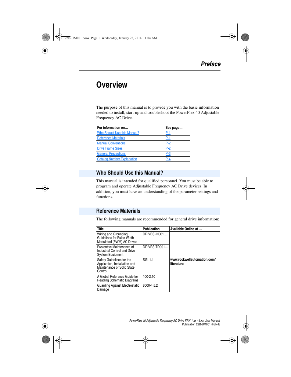 Preface, Overview, Who should use this manual | Reference materials, Who should use this manual? reference materials | Rockwell Automation 22B PowerFlex 40 FRN 1.xx - 6.xx User Manual | Page 7 / 160