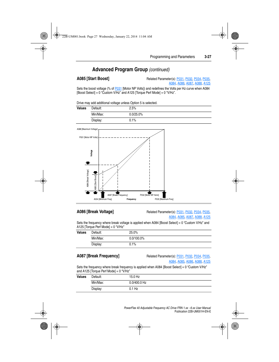 A085, A086, A087 | Advanced program group, Continued) | Rockwell Automation 22B PowerFlex 40 FRN 1.xx - 6.xx User Manual | Page 73 / 160