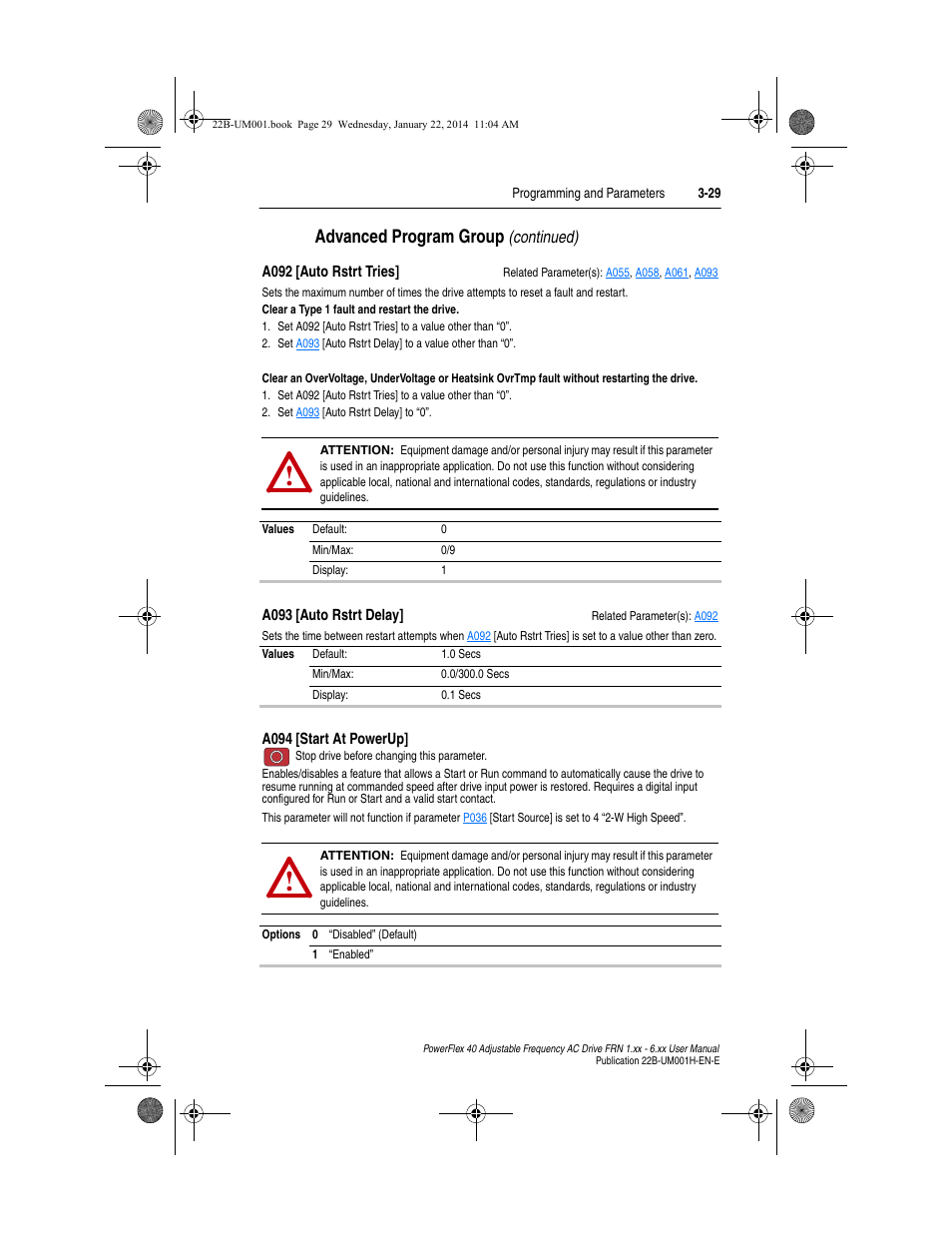 A092, Advanced program group, Continued) | Rockwell Automation 22B PowerFlex 40 FRN 1.xx - 6.xx User Manual | Page 75 / 160