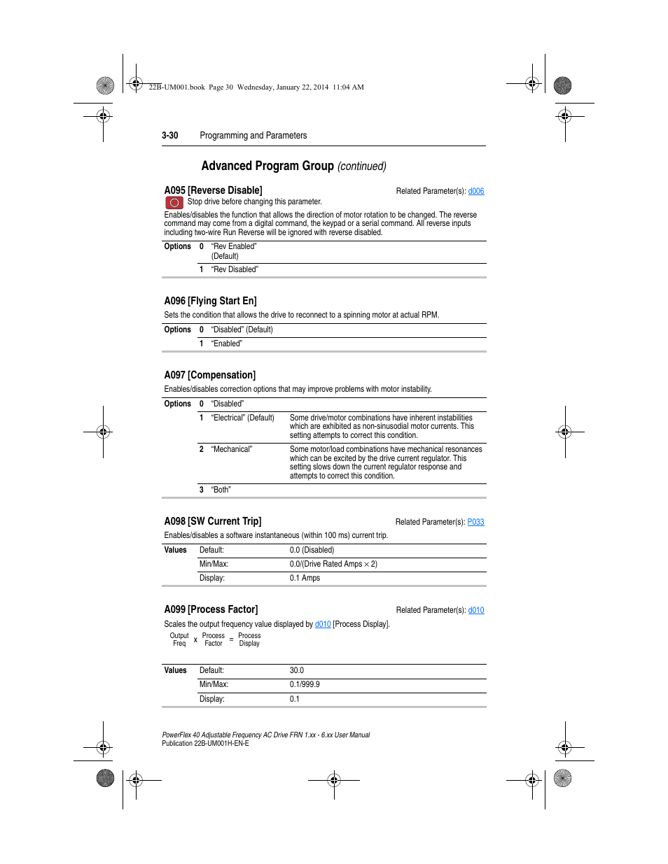 A095, A099, A098 | Advanced program group, Continued) | Rockwell Automation 22B PowerFlex 40 FRN 1.xx - 6.xx User Manual | Page 76 / 160