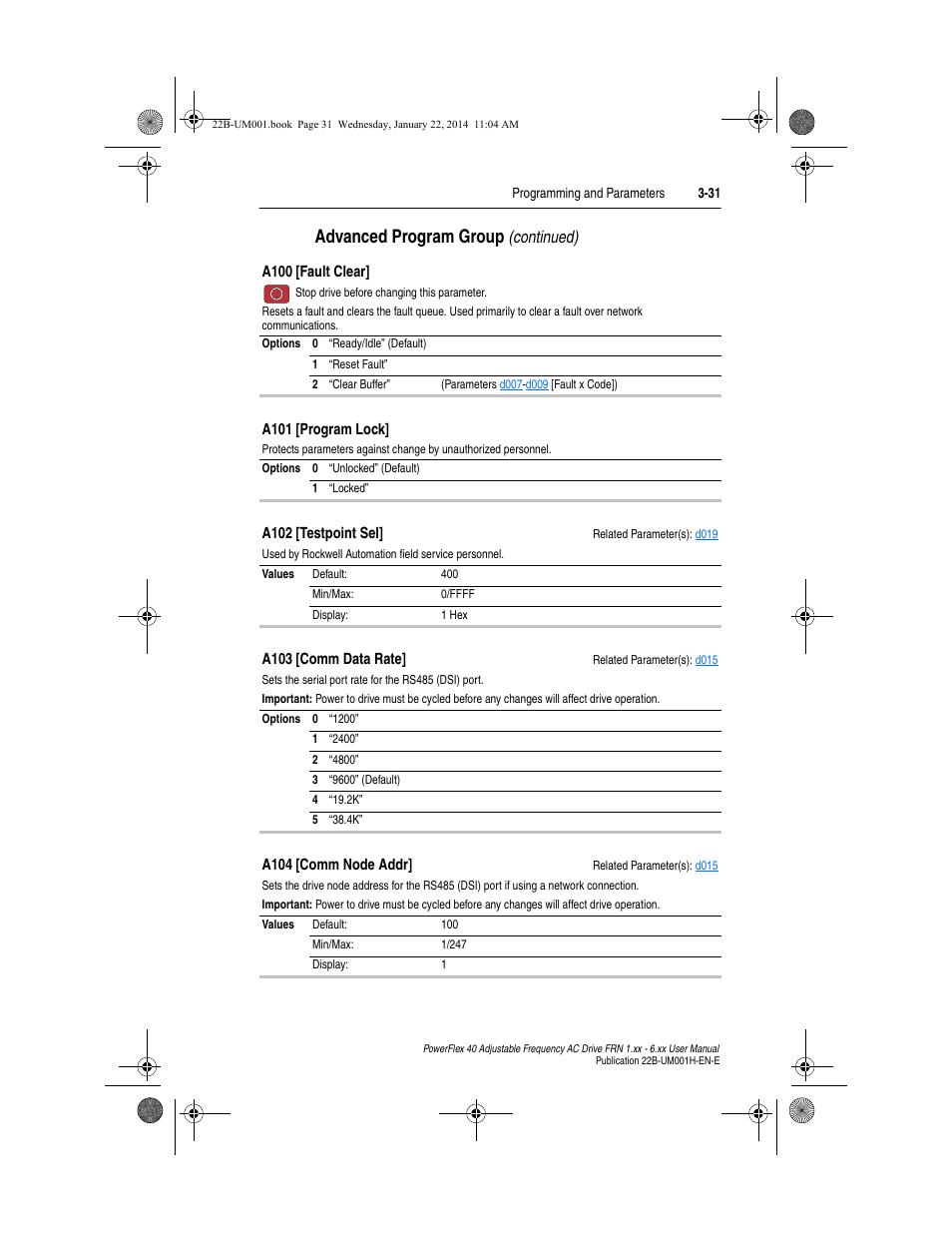 A103, A102, Advanced program group | Continued) | Rockwell Automation 22B PowerFlex 40 FRN 1.xx - 6.xx User Manual | Page 77 / 160