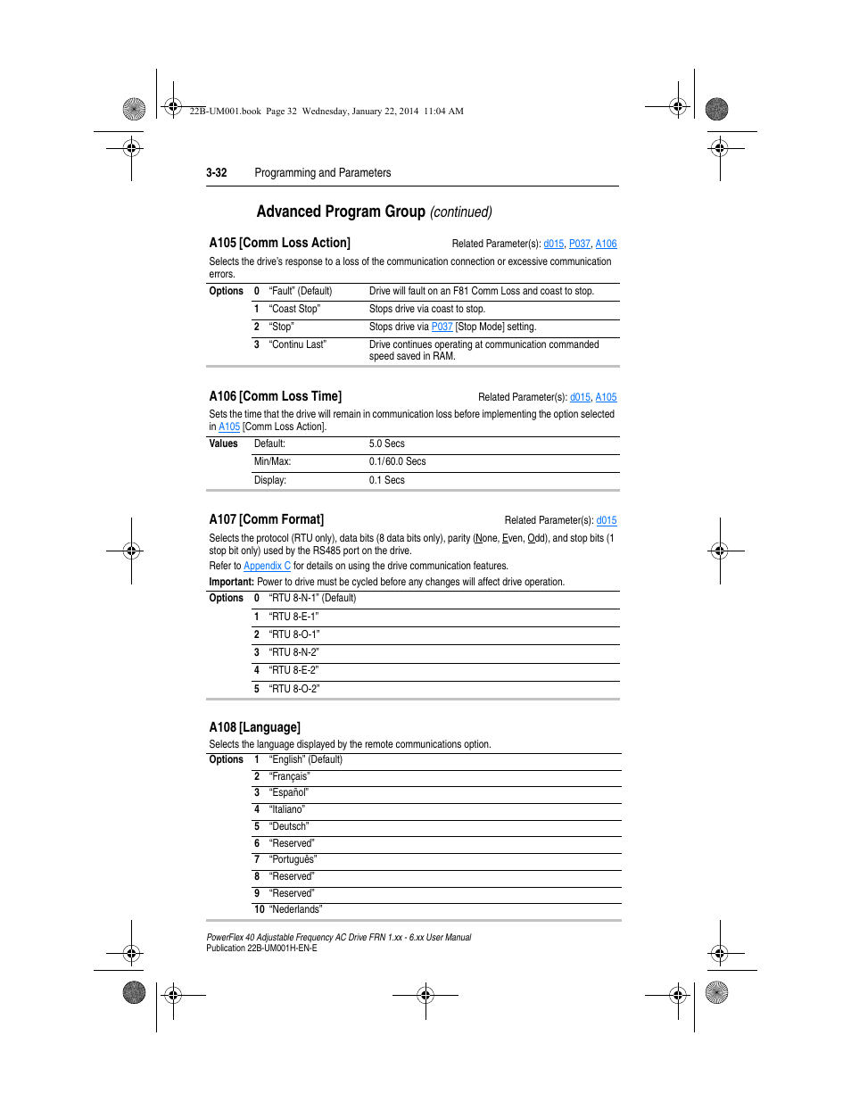 A107, A105, Advanced program group | Continued) | Rockwell Automation 22B PowerFlex 40 FRN 1.xx - 6.xx User Manual | Page 78 / 160