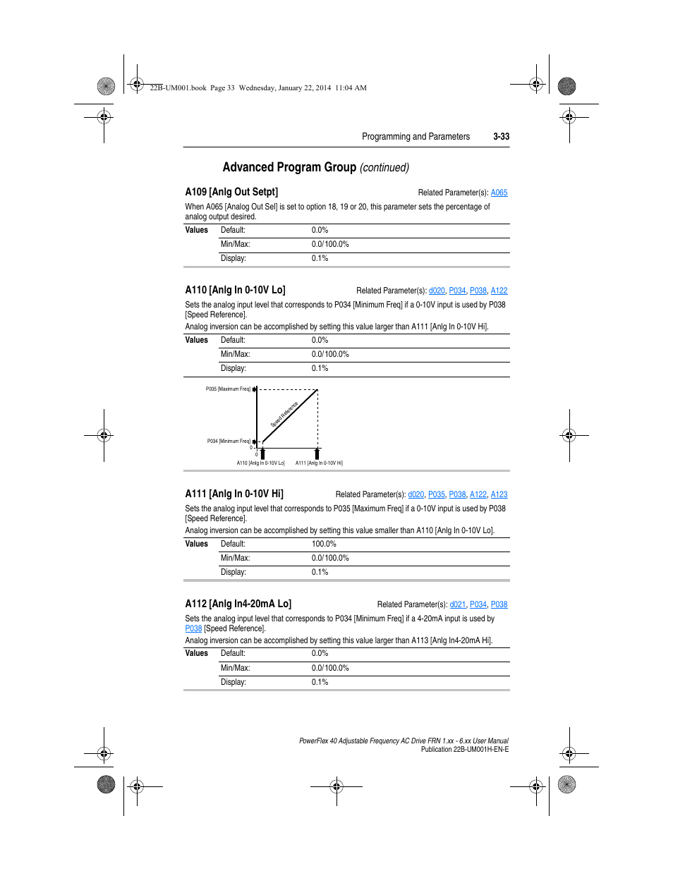 A110, A111, A112 | A109, Advanced program group, Continued) | Rockwell Automation 22B PowerFlex 40 FRN 1.xx - 6.xx User Manual | Page 79 / 160
