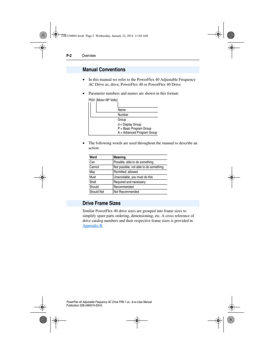 Manual conventions, Drive frame sizes | Rockwell Automation 22B PowerFlex 40 FRN 1.xx - 6.xx User Manual | Page 8 / 160