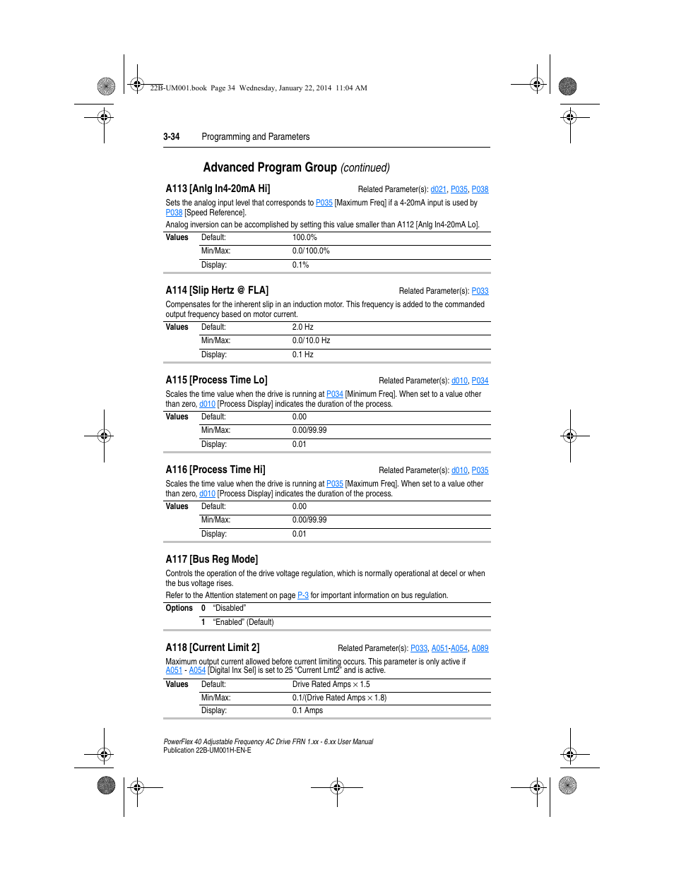 A113, A114, A118 | Advanced program group, Continued) | Rockwell Automation 22B PowerFlex 40 FRN 1.xx - 6.xx User Manual | Page 80 / 160