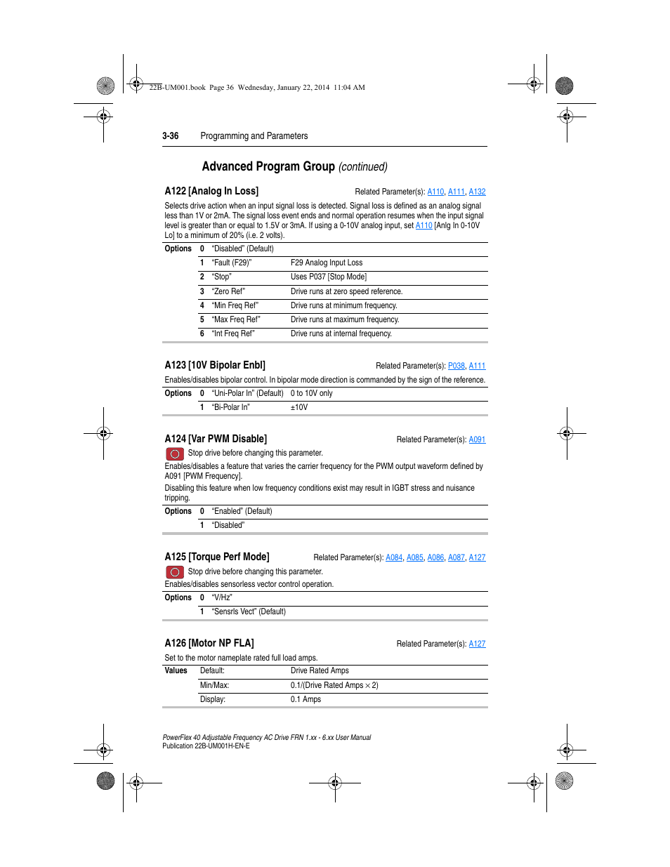 A123, Not use if, A122 | E if, A125, A124, Advanced program group, Continued) | Rockwell Automation 22B PowerFlex 40 FRN 1.xx - 6.xx User Manual | Page 82 / 160