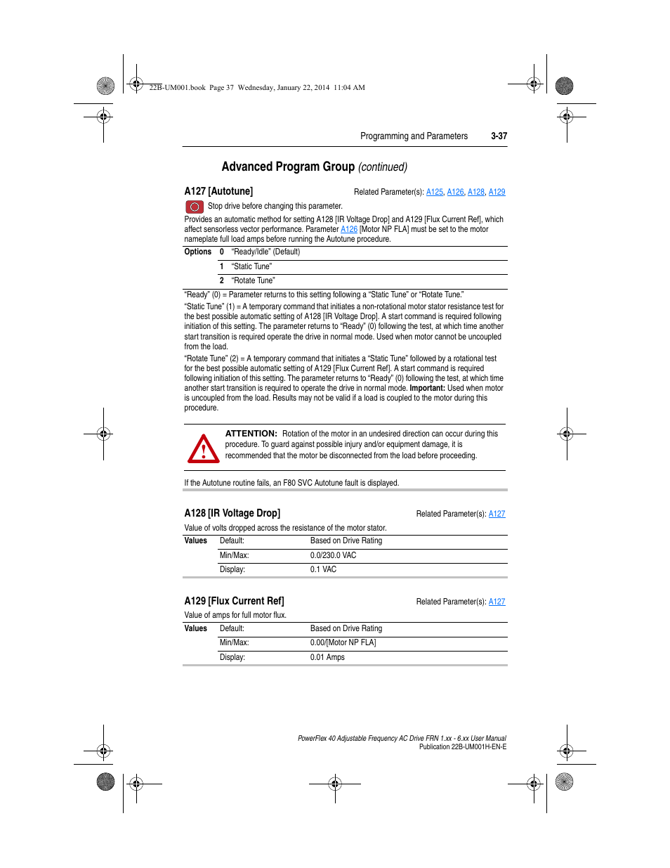 A127, Advanced program group, Continued) | Rockwell Automation 22B PowerFlex 40 FRN 1.xx - 6.xx User Manual | Page 83 / 160