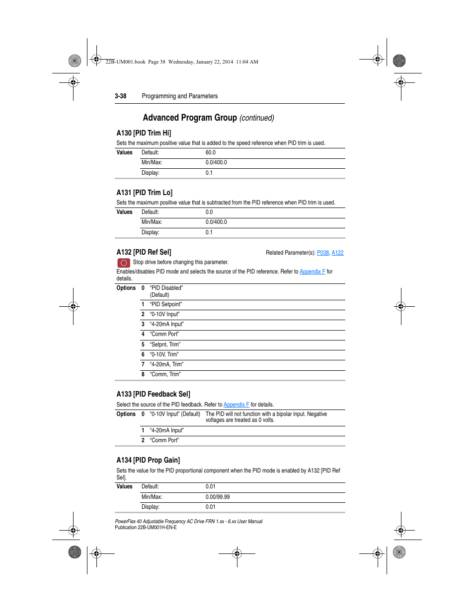 A132, Pid ref, Advanced program group | Continued) | Rockwell Automation 22B PowerFlex 40 FRN 1.xx - 6.xx User Manual | Page 84 / 160