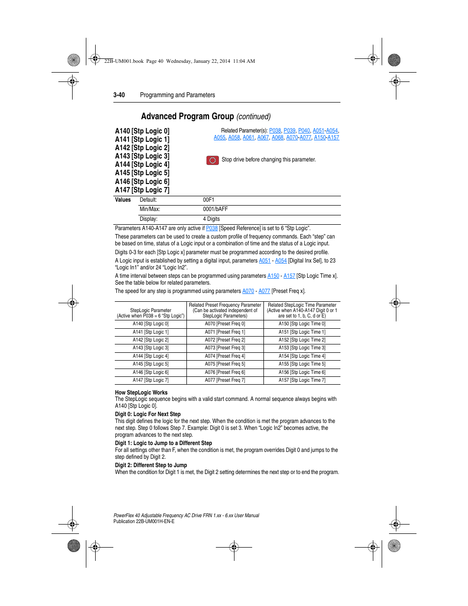 A140, A147, Advanced program group | Continued) | Rockwell Automation 22B PowerFlex 40 FRN 1.xx - 6.xx User Manual | Page 86 / 160
