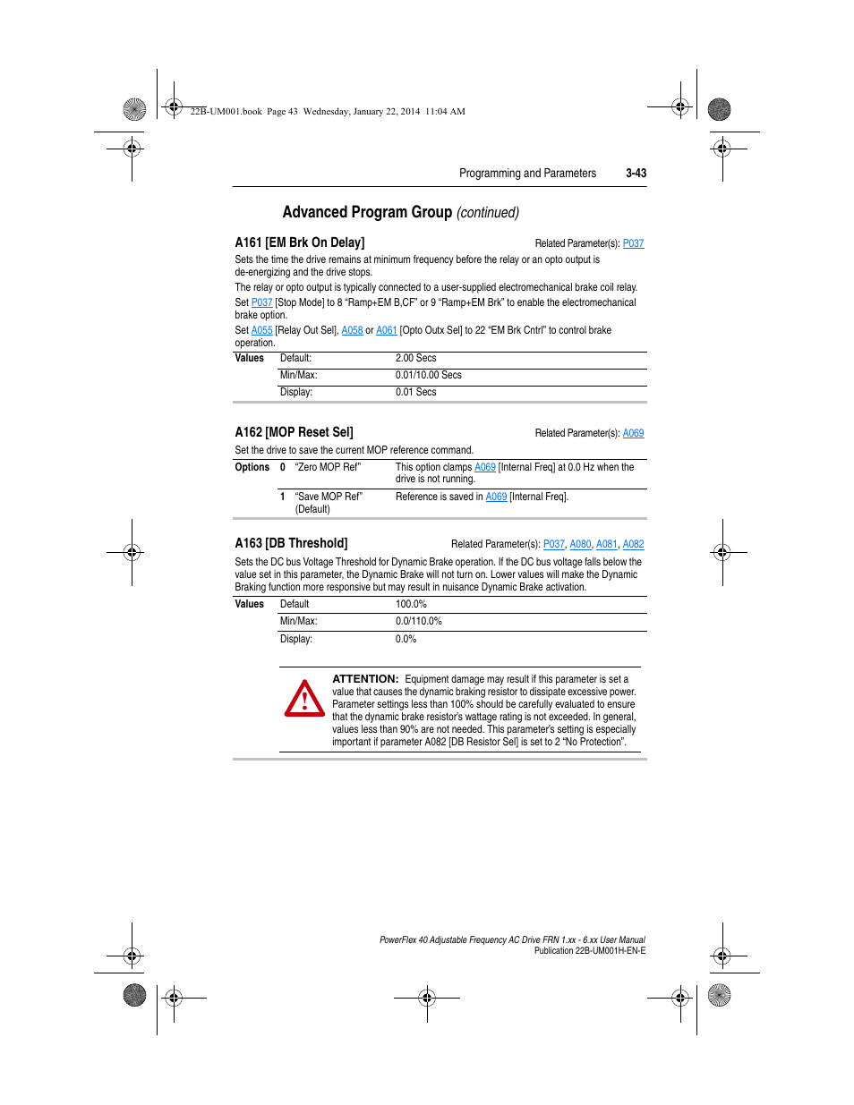 A161, A162, Advanced program group | Continued) | Rockwell Automation 22B PowerFlex 40 FRN 1.xx - 6.xx User Manual | Page 89 / 160